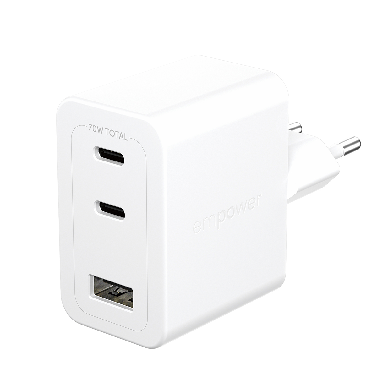 İki USB-C ve bir USB-A bağlantı noktasına sahip beyaz 70W USB-C şarj cihazı.
