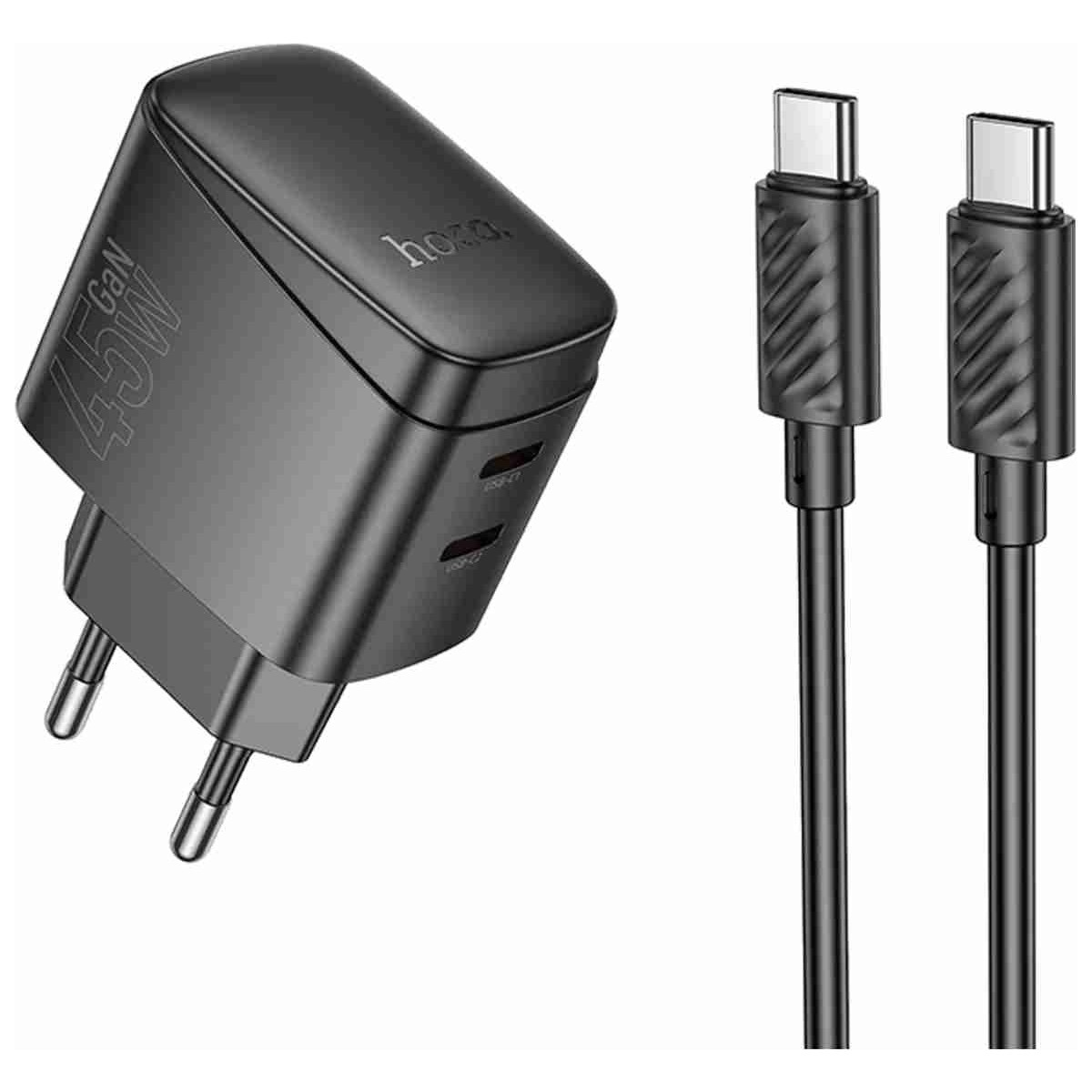 Beyaz arka plan üzerinde iki USB-C kablolu siyah 45W GaN şarj cihazı.