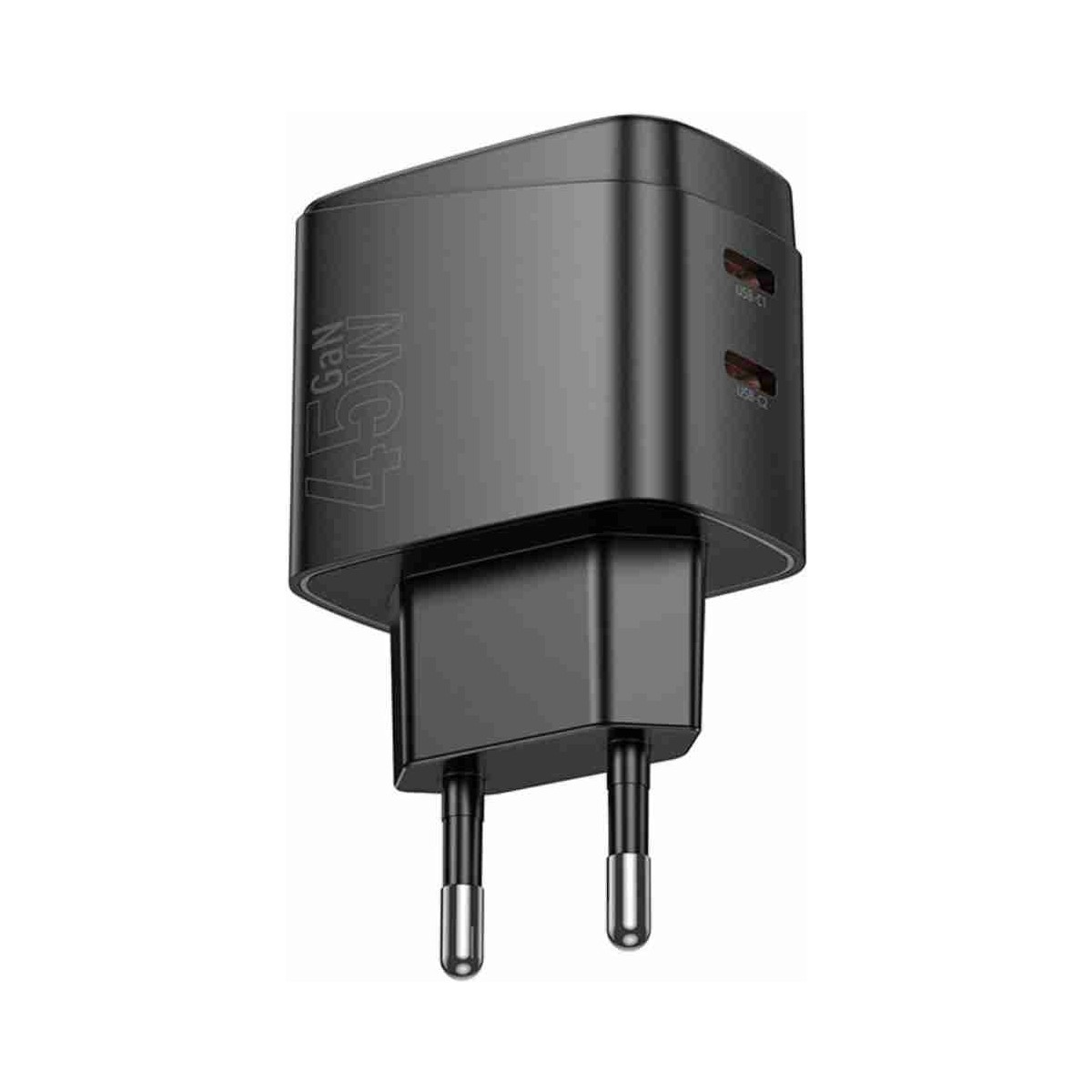 2 USB-C bağlantı noktalı siyah GaN şarj cihazı, üzerinde "MC7 45W" yazıyor.