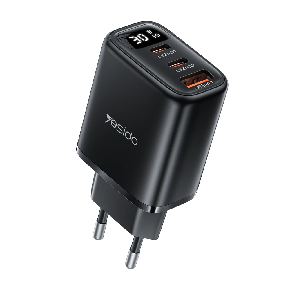 YESIDO YC69 Dijital Göstergeli 30W PD Hızlı Şarj Adaptörü Siyah