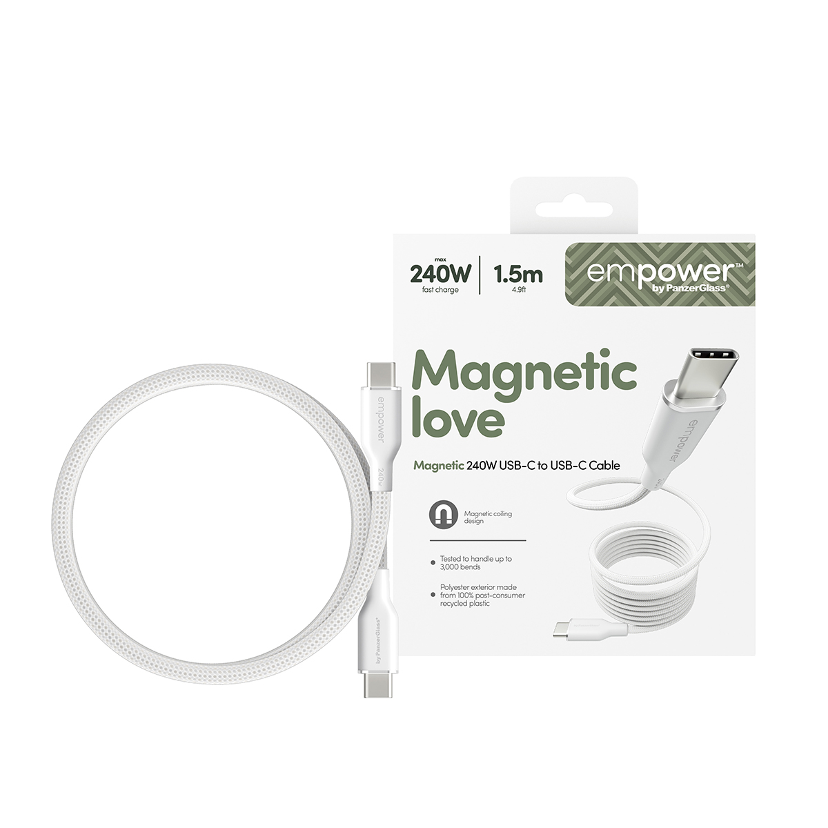 Cavo USB-C bianco con design magnetico, 240W, 1,5m, su confezione.