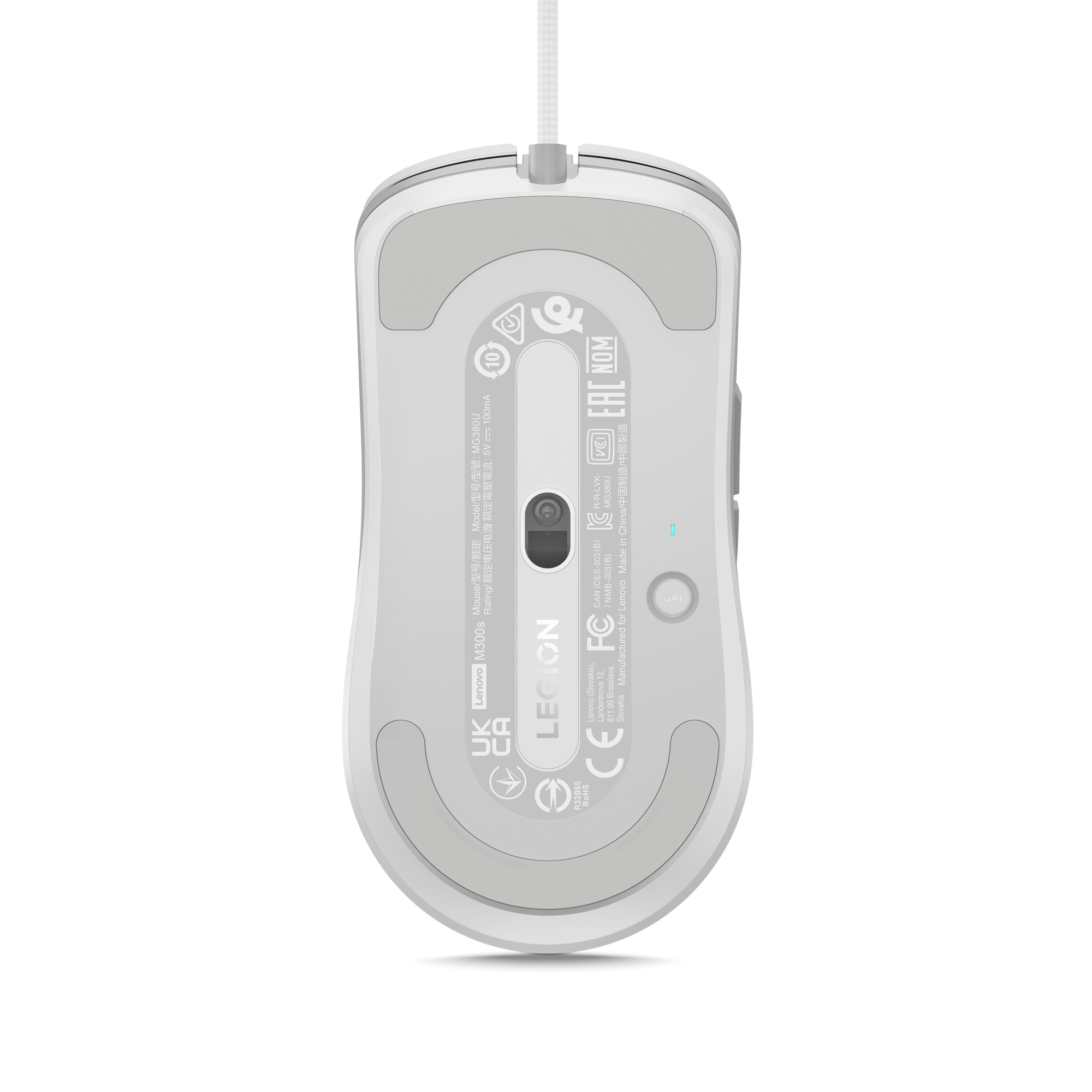 Spód białej myszy gamingowej Lenovo Legion z przyciskiem DPI i portem ładowania.