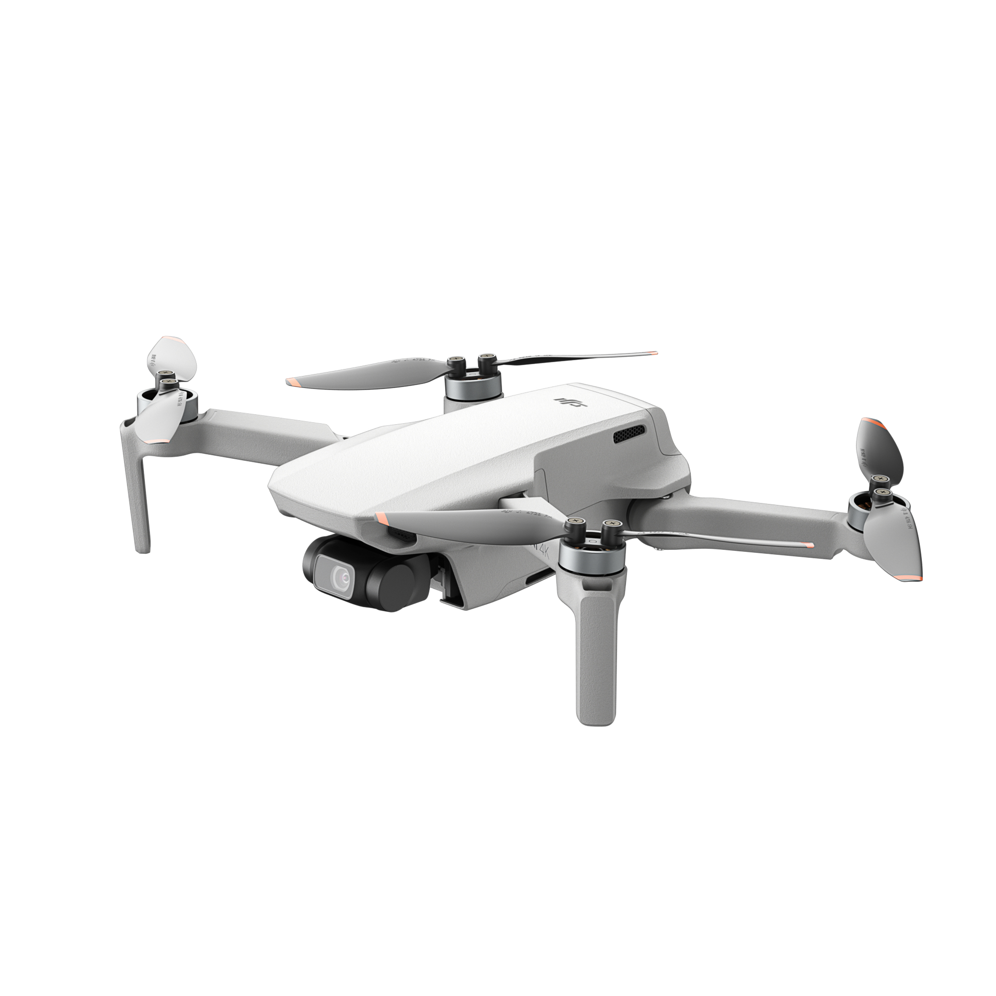 Dört pervaneli, kameralı küçük beyaz bir drone.