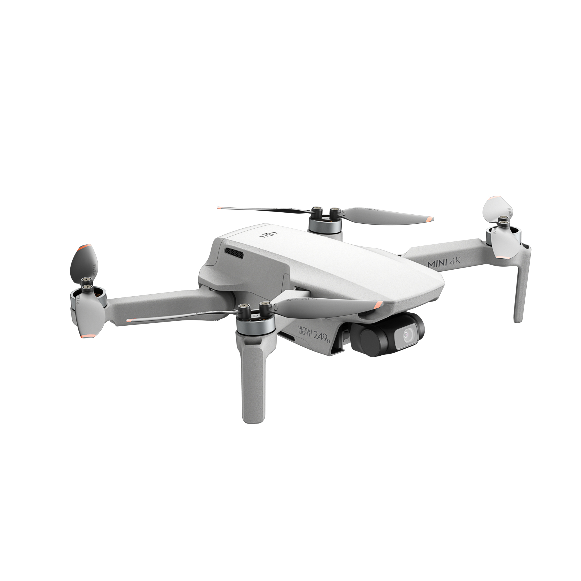 Pervaneli ve kameralı gri DJI Mini 4K drone modeli.