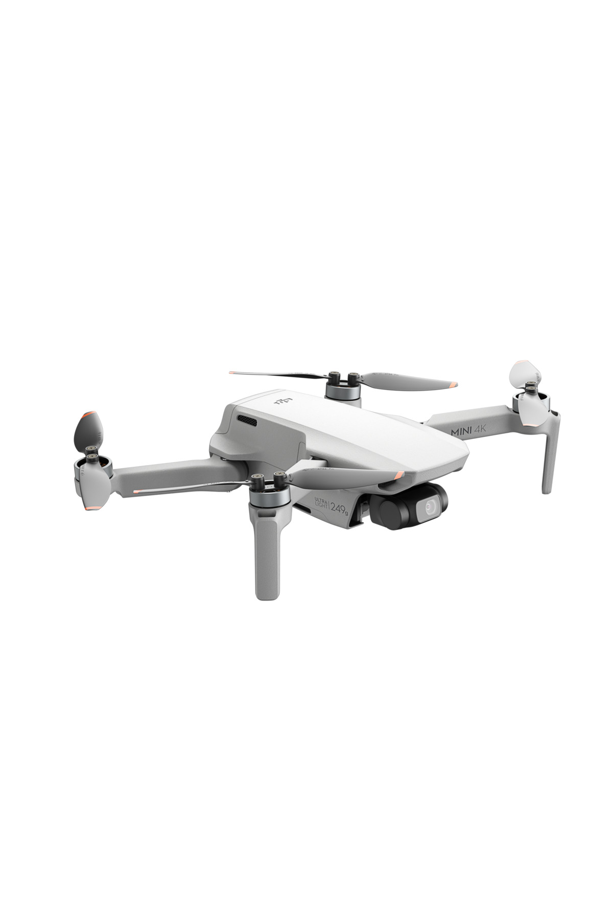 Kameralı ve pervaneli hafif gri mini drone beyaz zeminde gösterilmektedir.