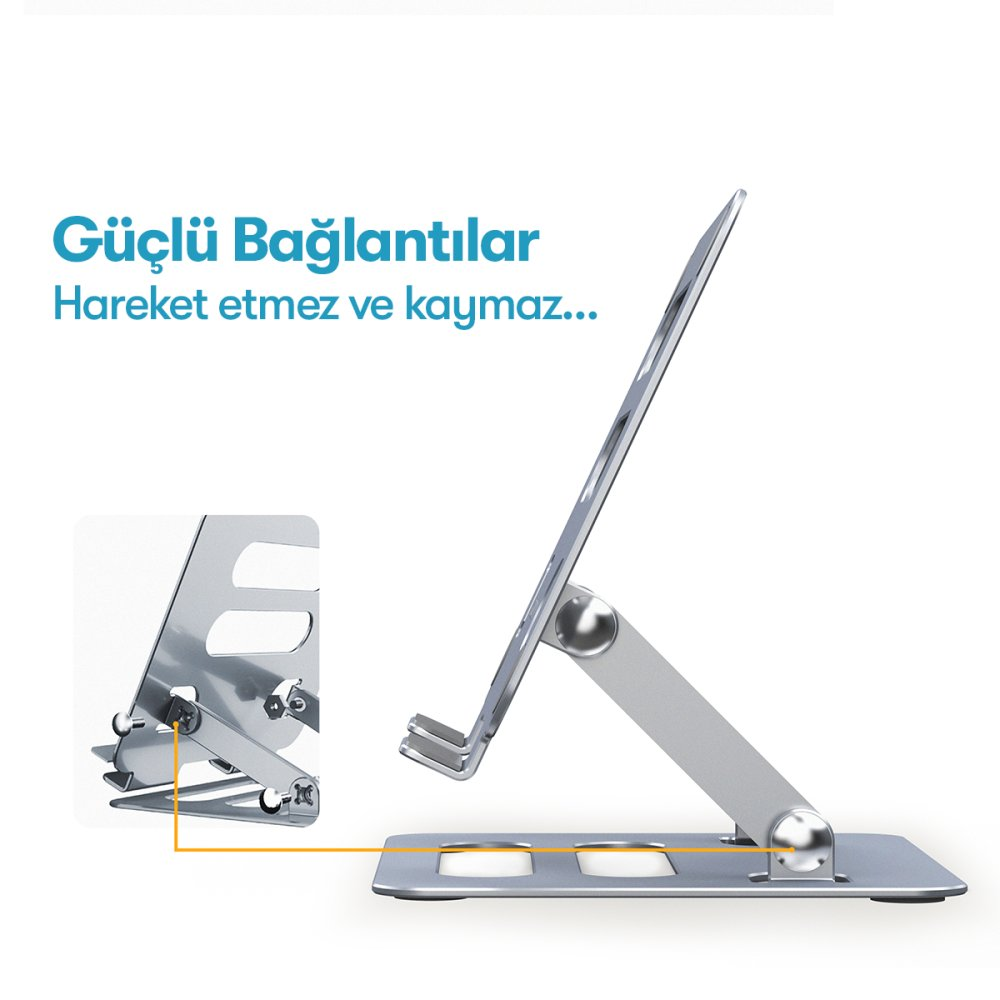 Görünür eklemli gümüş tablet standı ve bağlantı elemanlarının yakın çekimi.