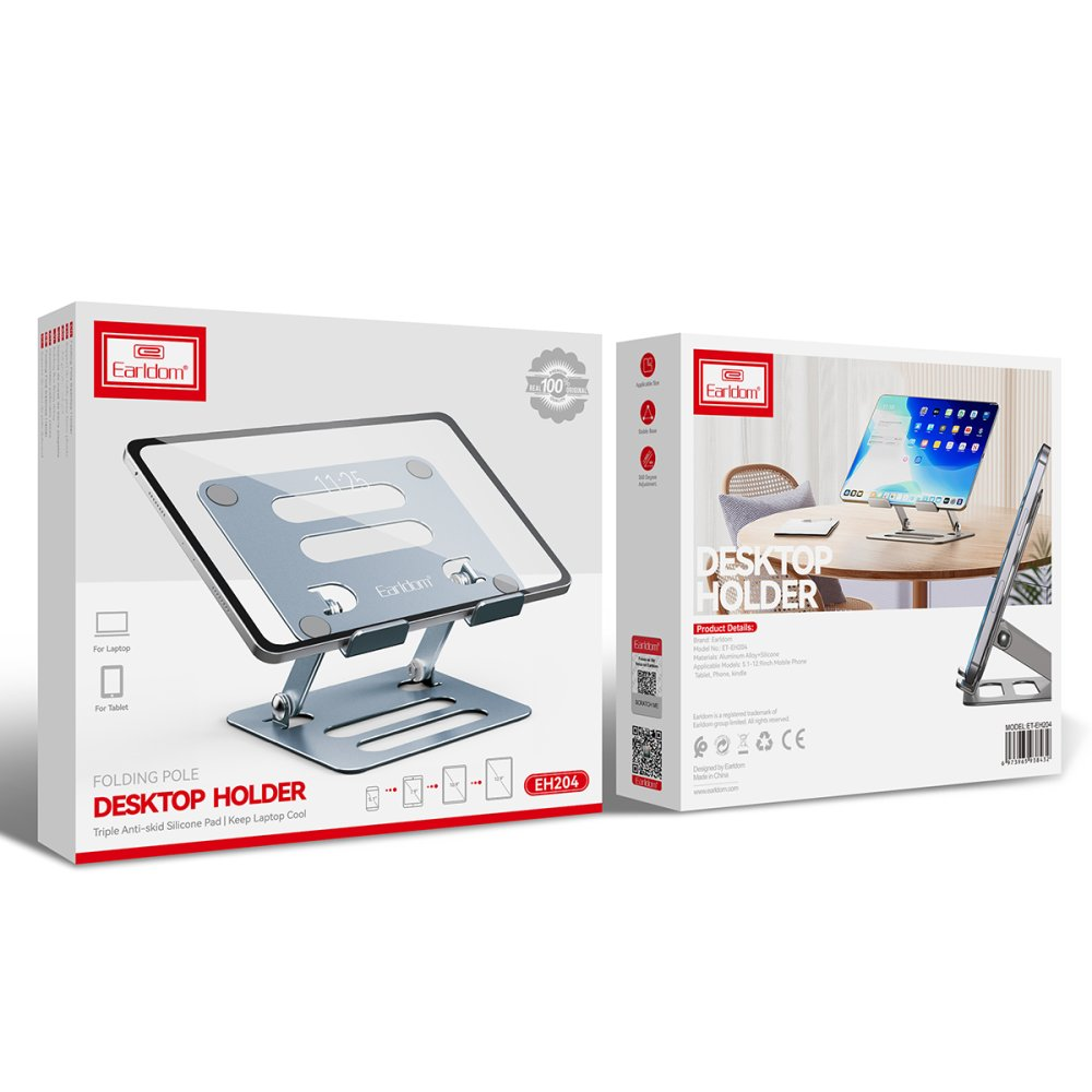 Gümüş metal masaüstü laptop veya tablet standı kutusunda. Ürün bilgileri.