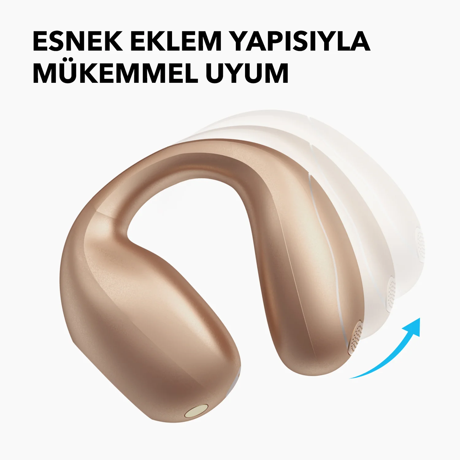 Un dispositivo de terapia de cuello dorado con articulación flexible, con flecha que indica movimiento.
