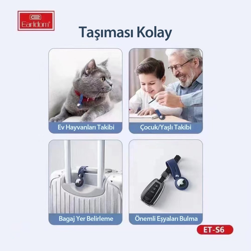 Dört resim gösteriyor: kedi, büyükbabayla çocuk, bagaj, anahtarlık.
