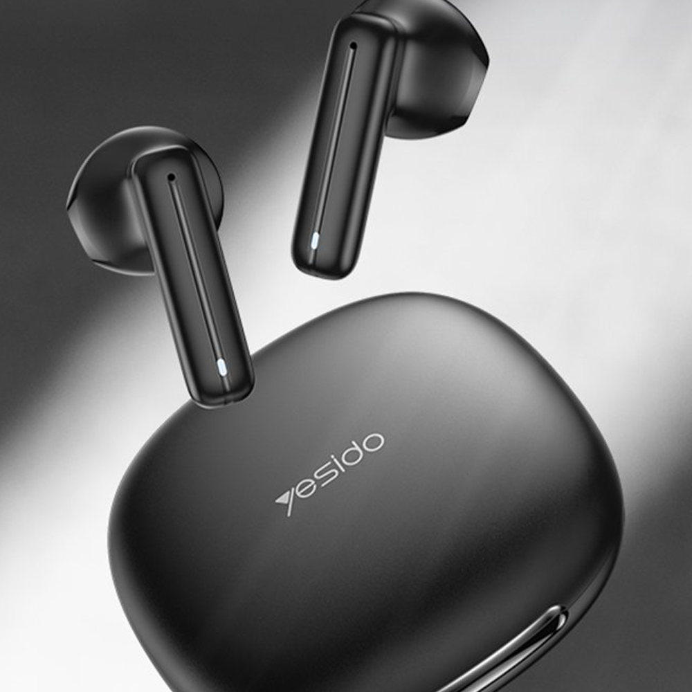 Auricolari wireless neri con custodia di ricarica e logo Yesido.