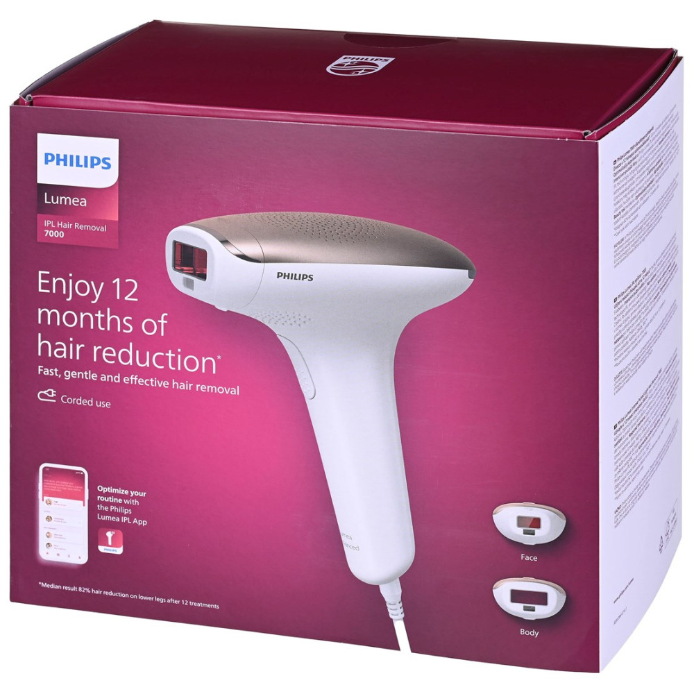 Dispositivo Philips Lumea IPL 7000 in confezione con accessori viso e corpo.