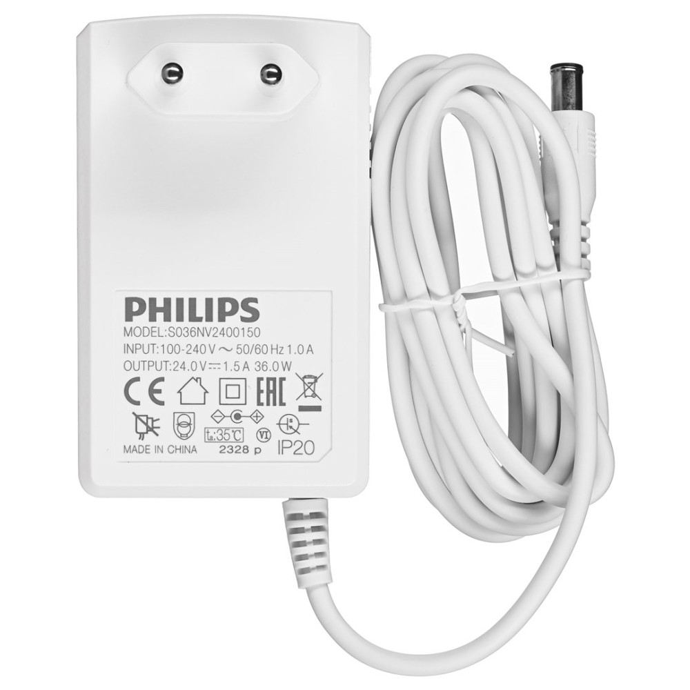 Alimentatore Philips bianco con cavo. Modello S036NV2400150. Made in China.
