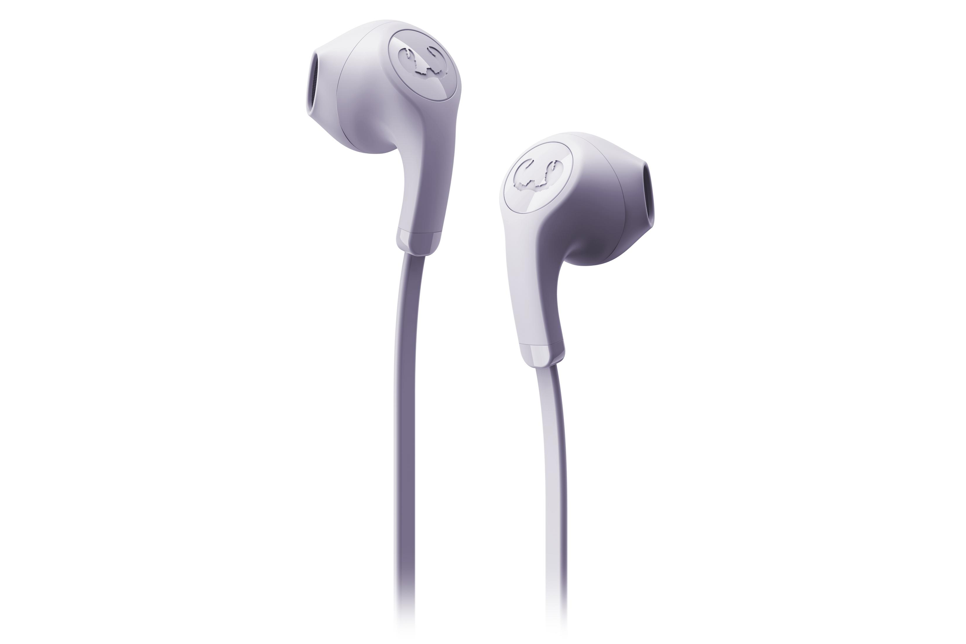 Twee witte in-ear oortjes met draden, getoond op een witte achtergrond.