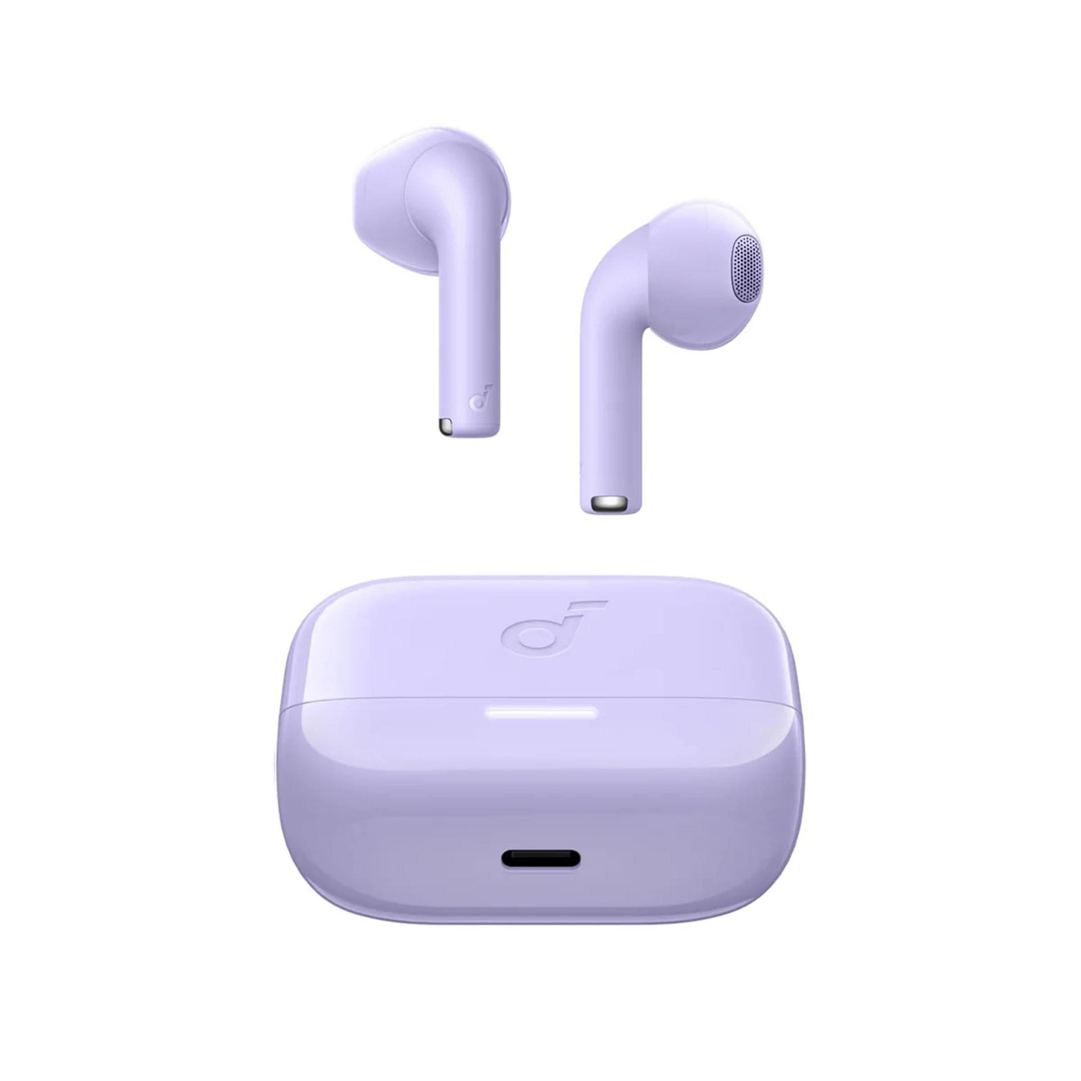 Un paio di auricolari wireless lavanda con custodia di ricarica.