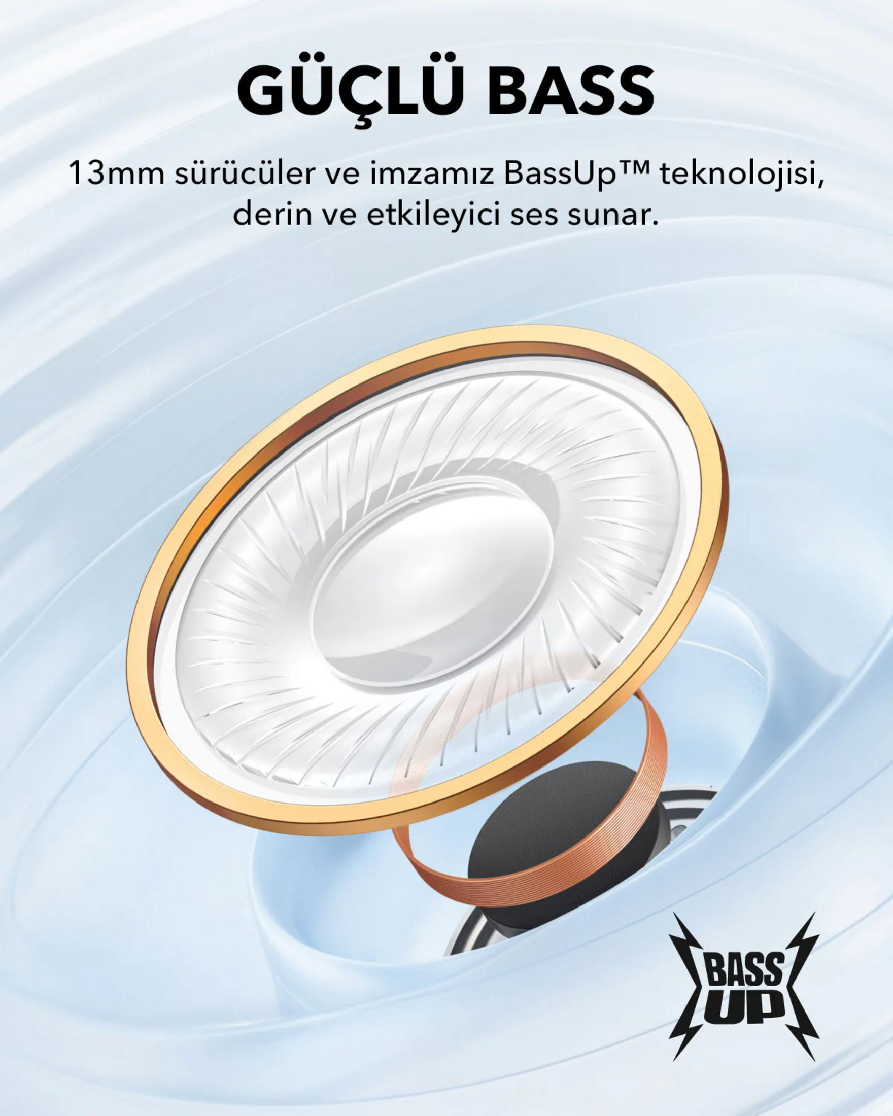 Primo piano di un altoparlante con bordo dorato e logo BassUp.