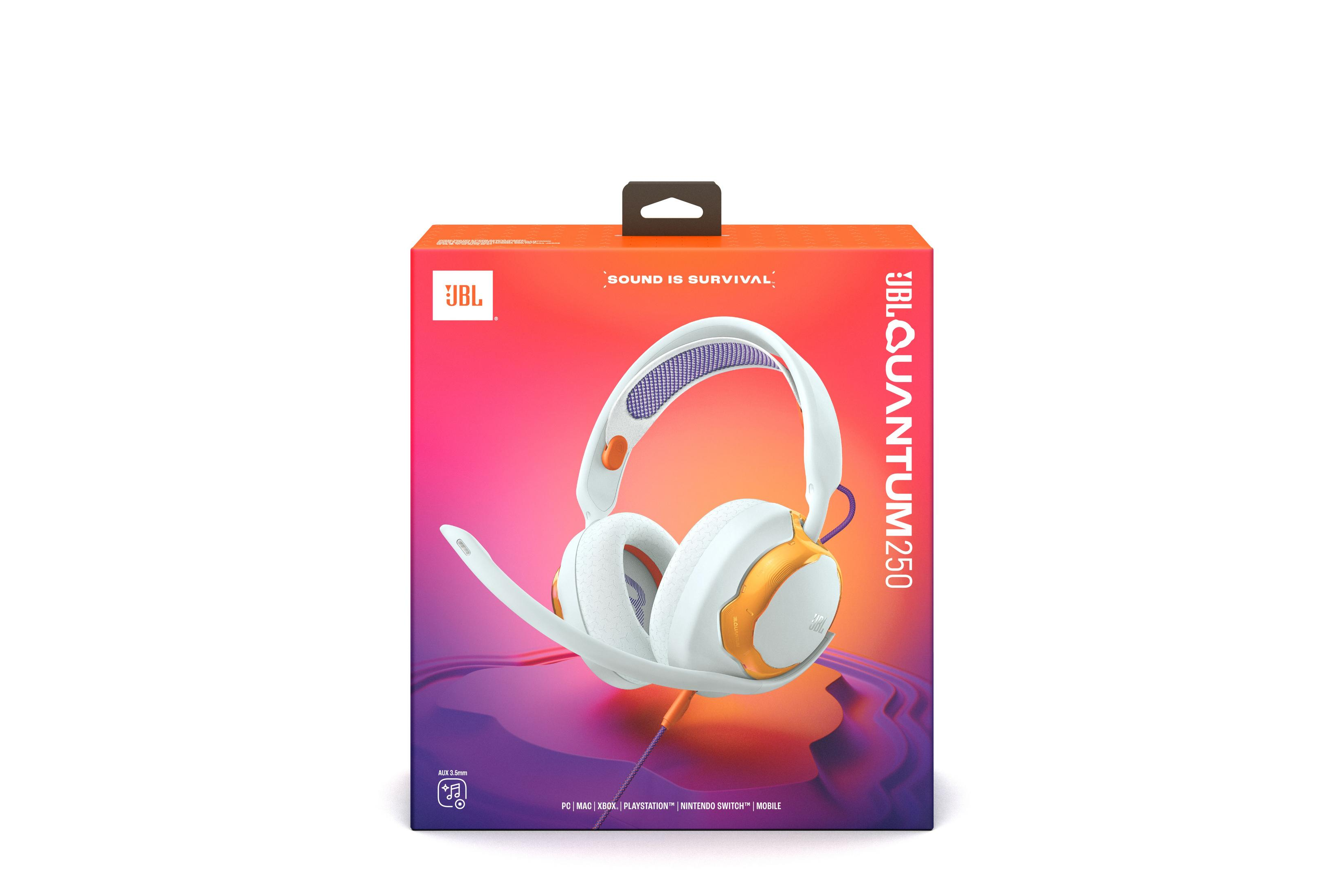Cuffie JBL Quantum 250 bianche con accenti arancioni su una scatola colorata.