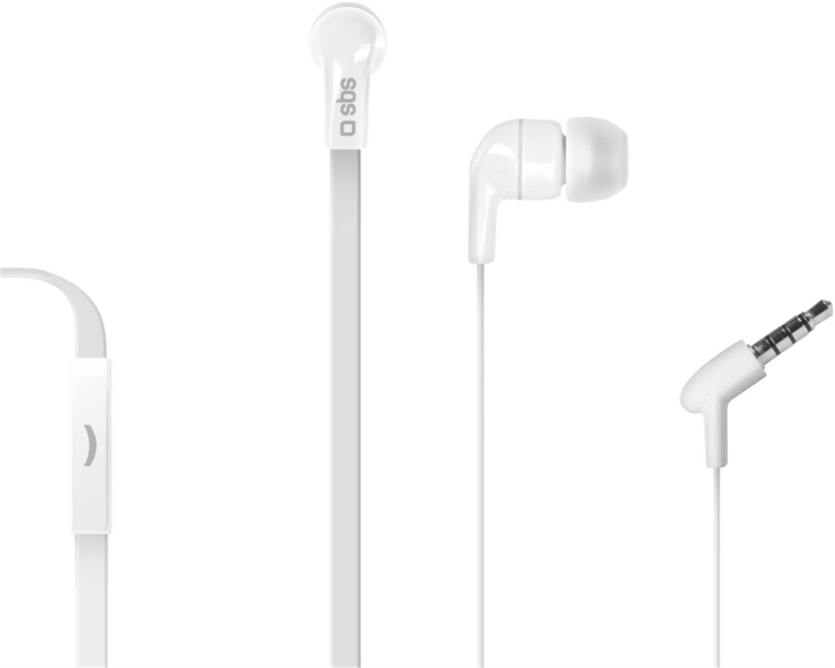 Weiße In-Ear-Kopfhörer mit Mikrofon und 3,5-mm-Stecker.