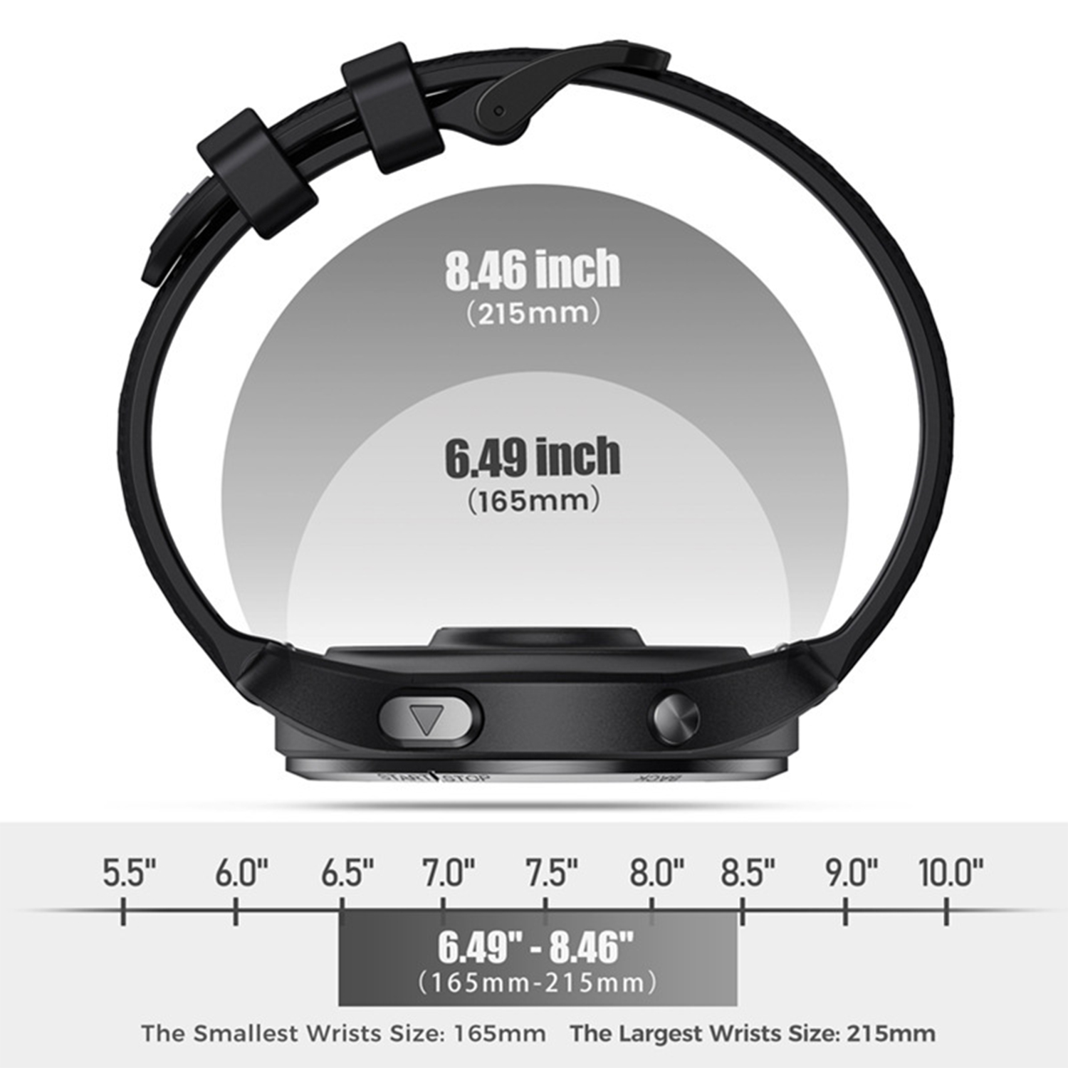 Pasek do smartwatcha z tabelą rozmiarów. Pokazuje rozmiary nadgarstków 165mm-215mm.