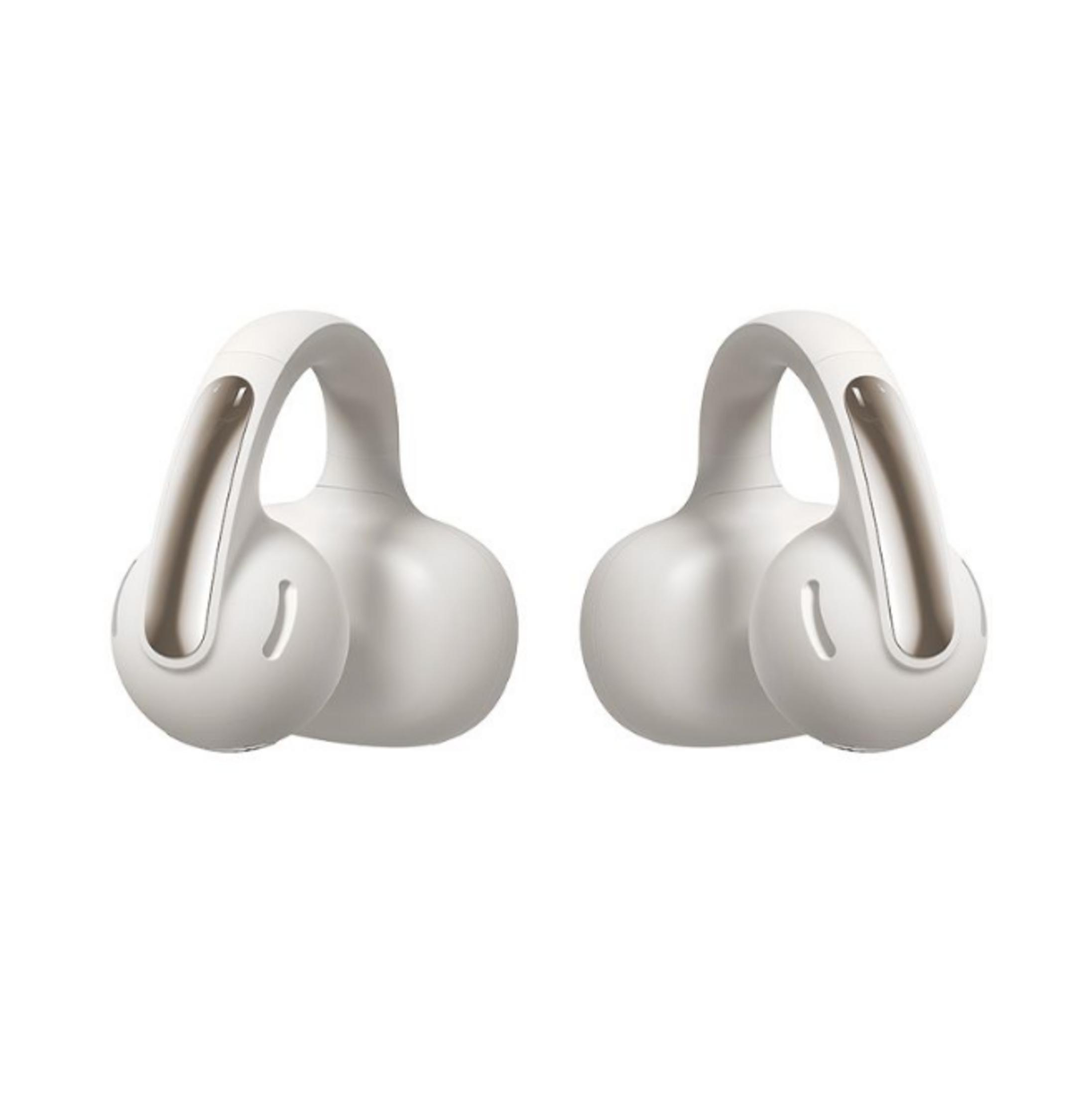 Due auricolari wireless bianchi con accenti argentati su sfondo bianco.