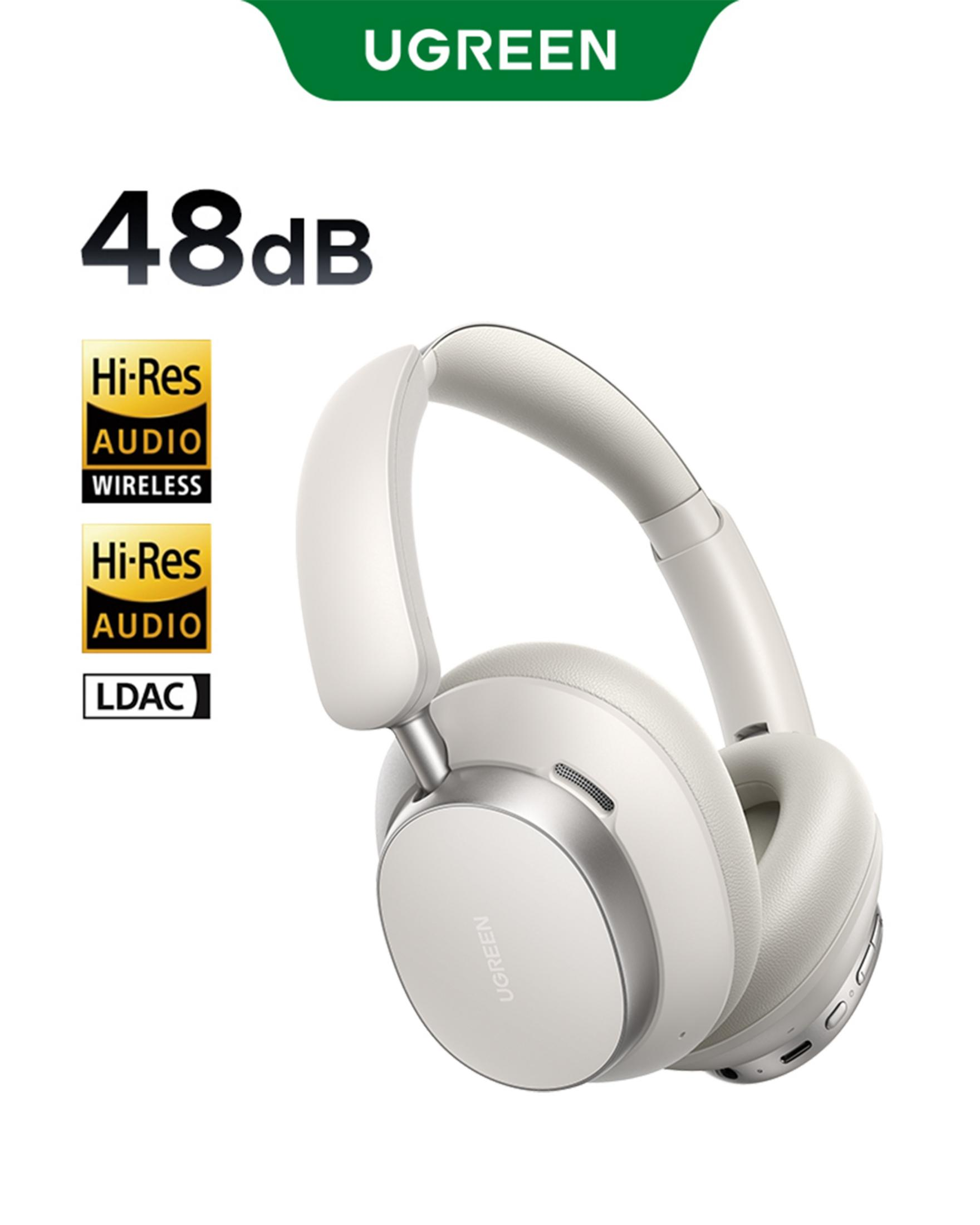 Białe słuchawki UGREEN z redukcją szumów 48dB i certyfikatami Hi-Res Audio.