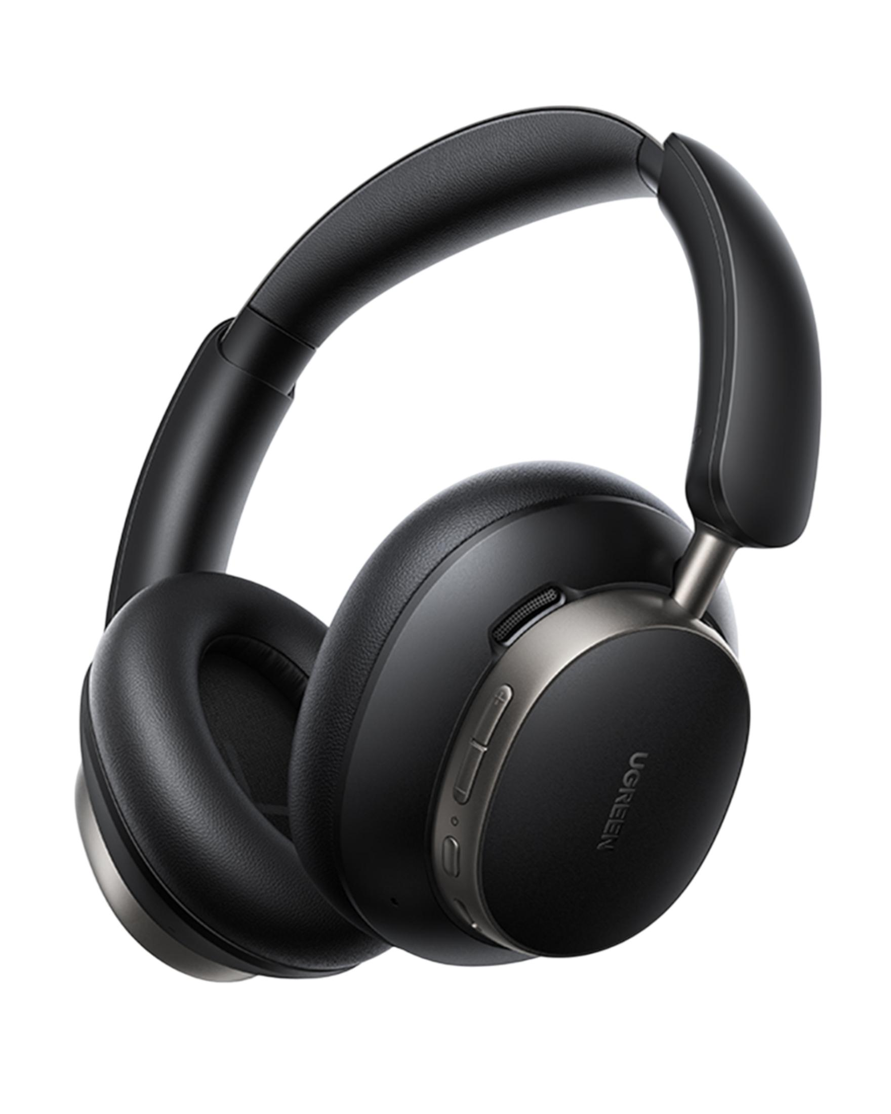 Czarne słuchawki nauszne z pluszowymi nausznikami i wyściełanym pałąkiem, białe tło.