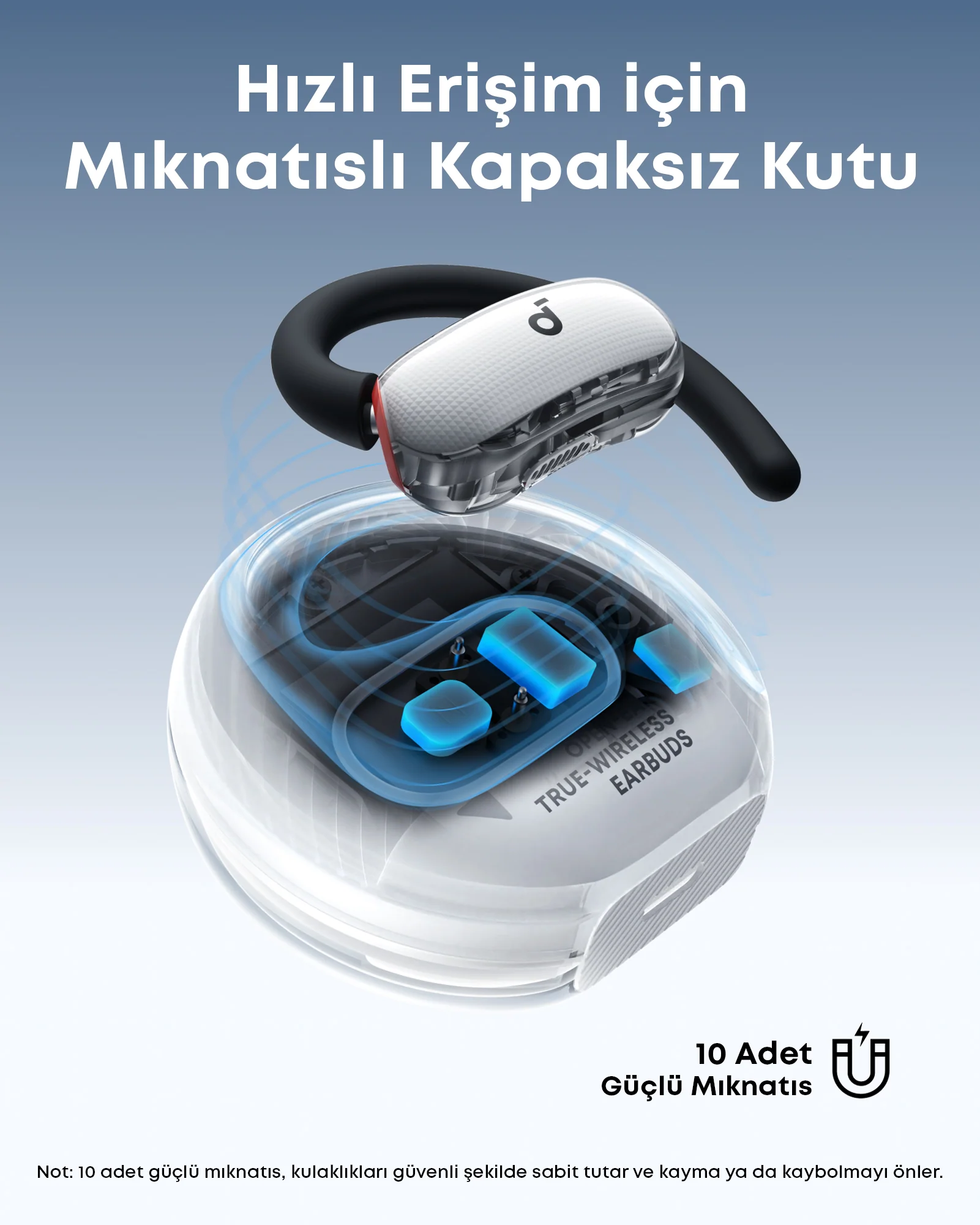 Un auricolare true wireless con custodia di ricarica dotata di 10 potenti magneti.
