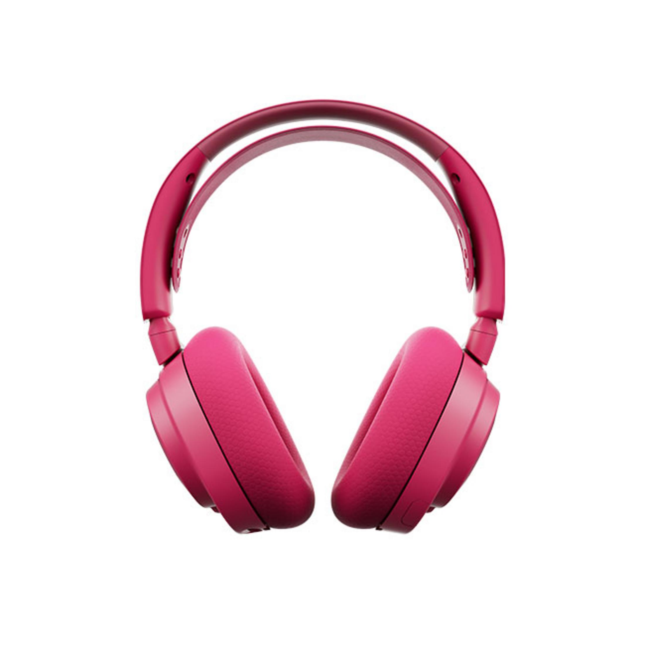 Un paio di cuffie wireless rosa con padiglioni e archetto imbottiti.