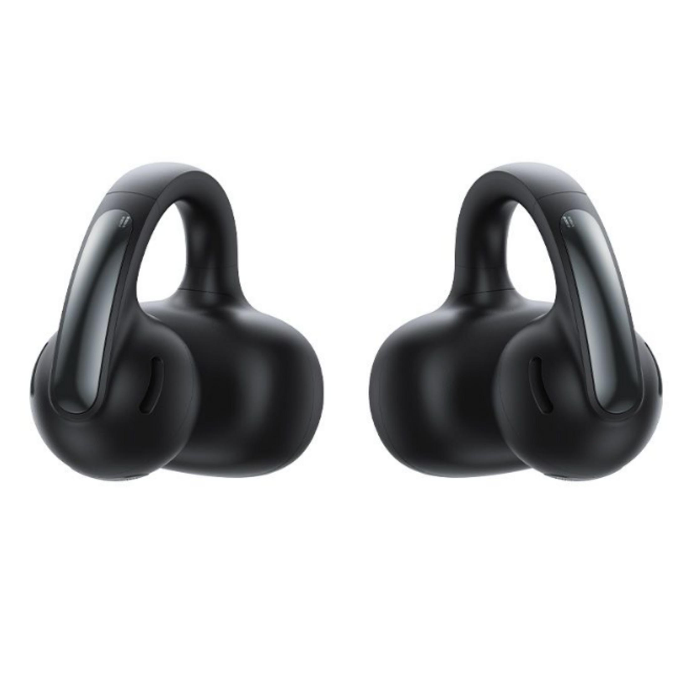 Dwa czarne bezprzewodowe słuchawki z zaczepami na uszy obok siebie na białym tle.