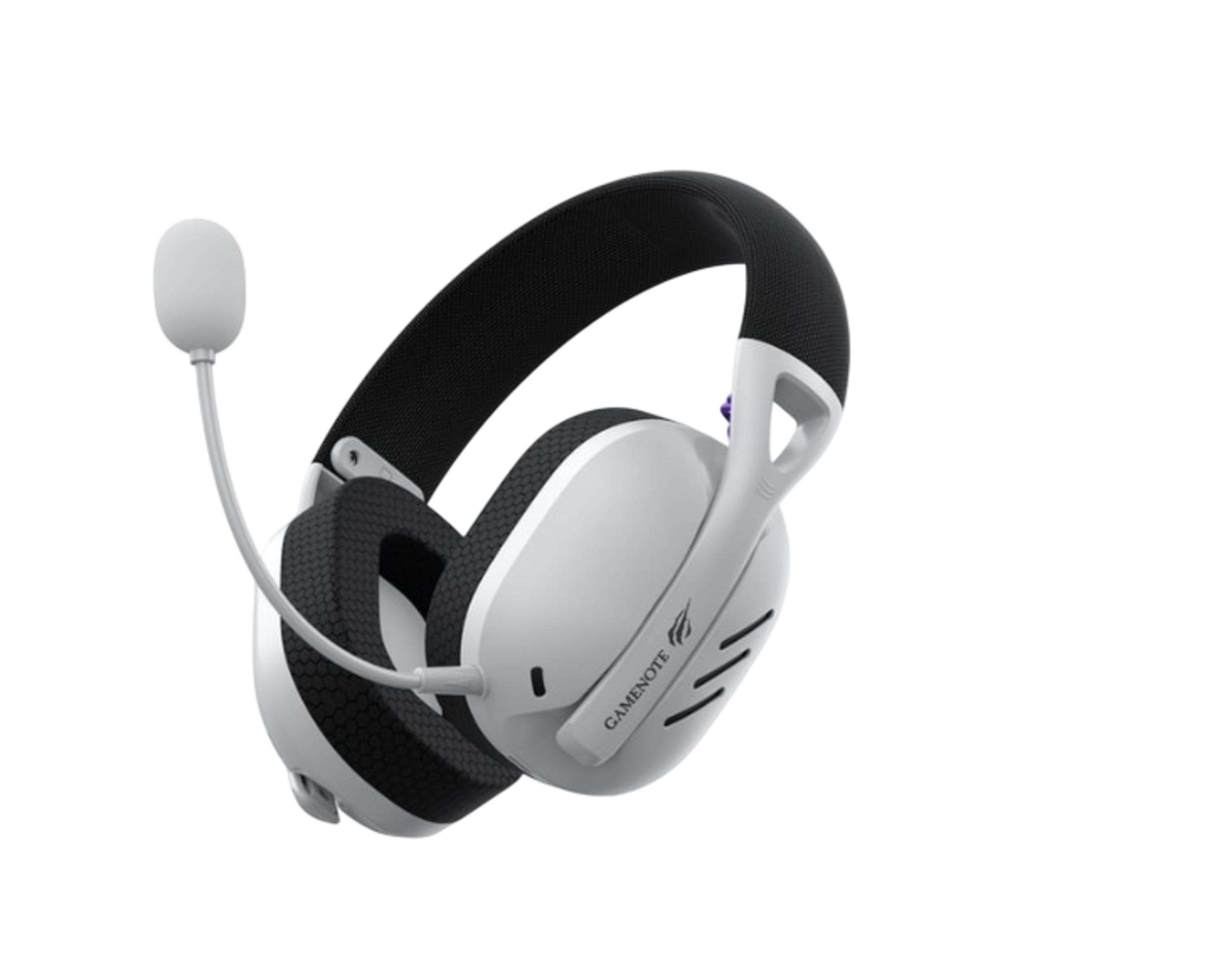 Białe słuchawki z czarnymi nausznikami i mikrofonem na białym tle.