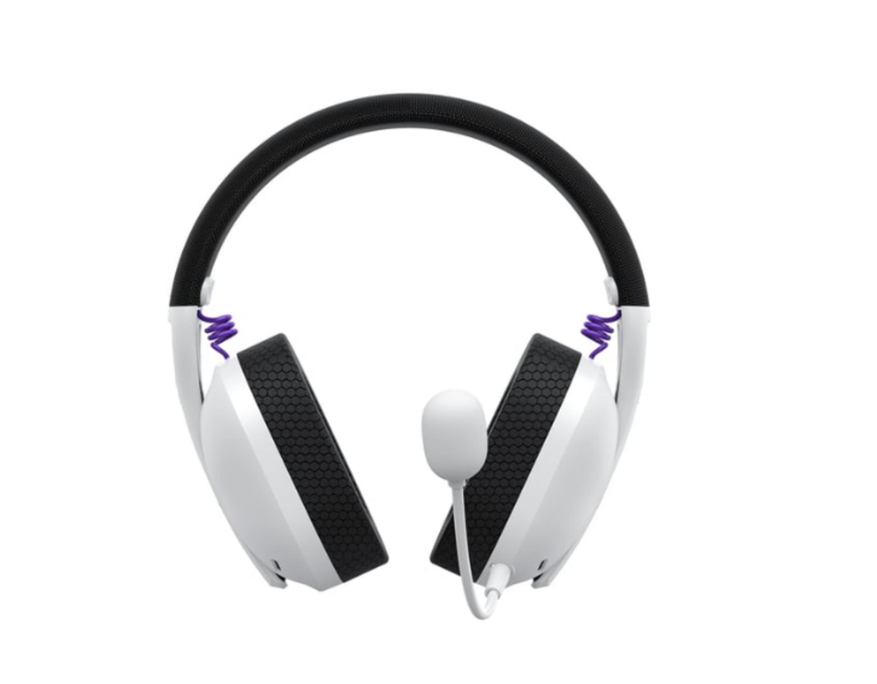 Białe słuchawki z czarnym pałąkiem i fioletowymi sprężynami.