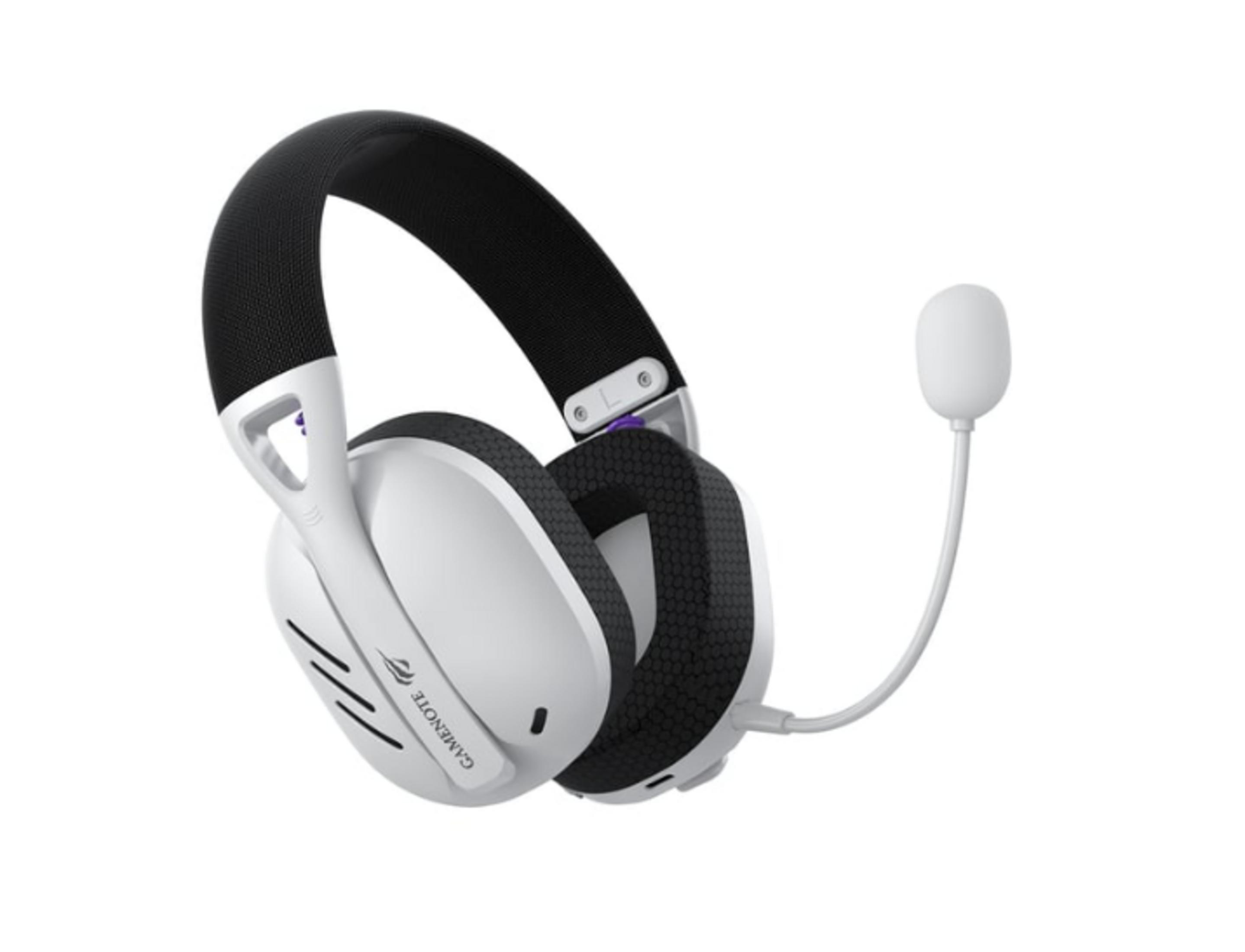 Białe słuchawki gamingowe z czarnym pałąkiem i mikrofonem na białym tle.