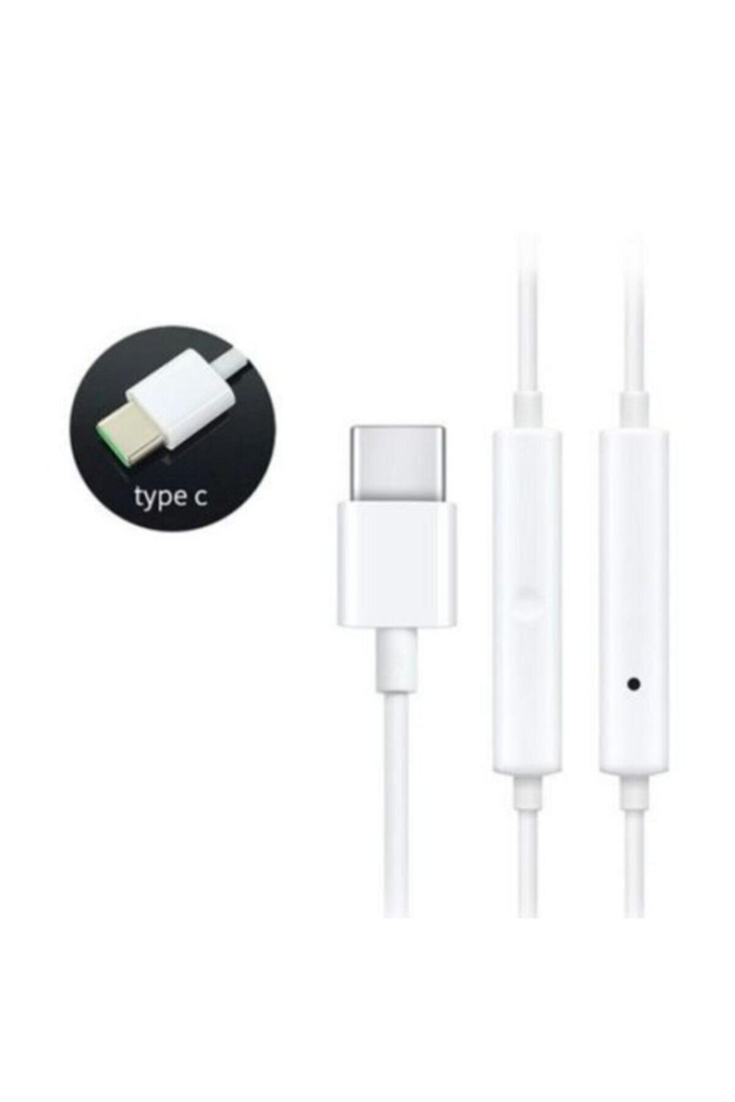 Un cable USB-C blanco con un conector y dos módulos de control alargados.
