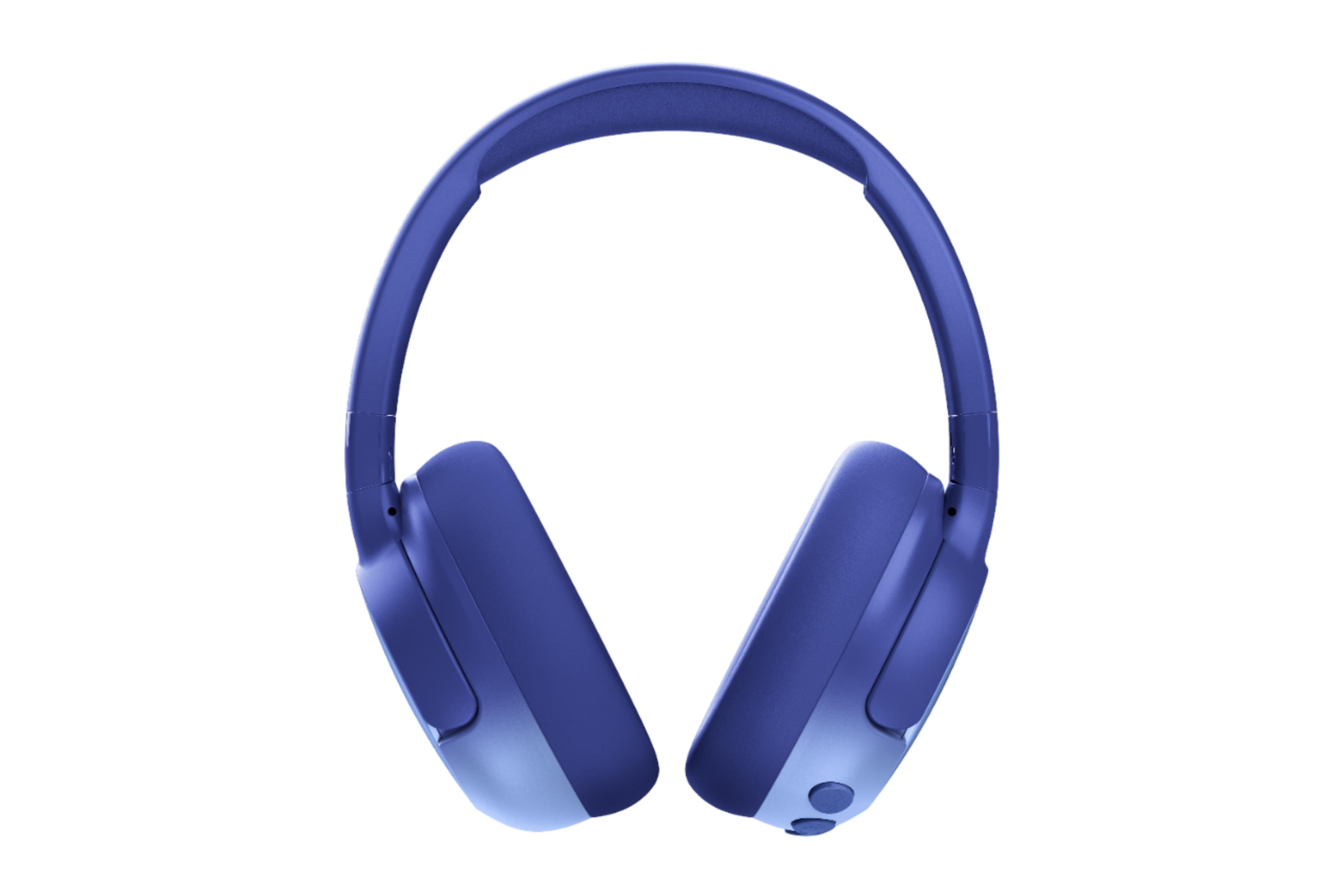 Niebieskie słuchawki z wyściełanym pałąkiem i nausznikami. Minimalistyczny design.