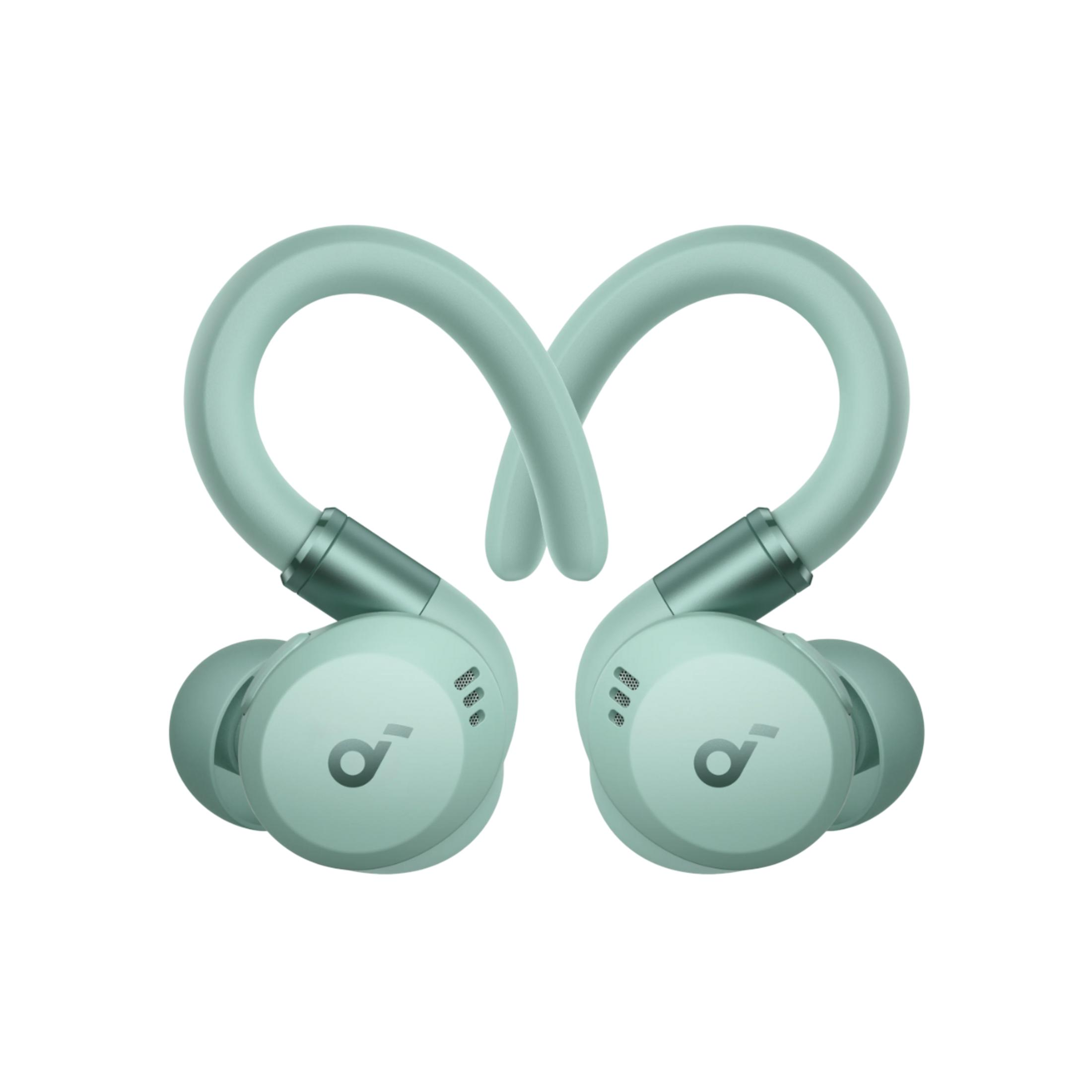 Dwa miętowo-zielone bezprzewodowe słuchawki z zaczepami na uszy.