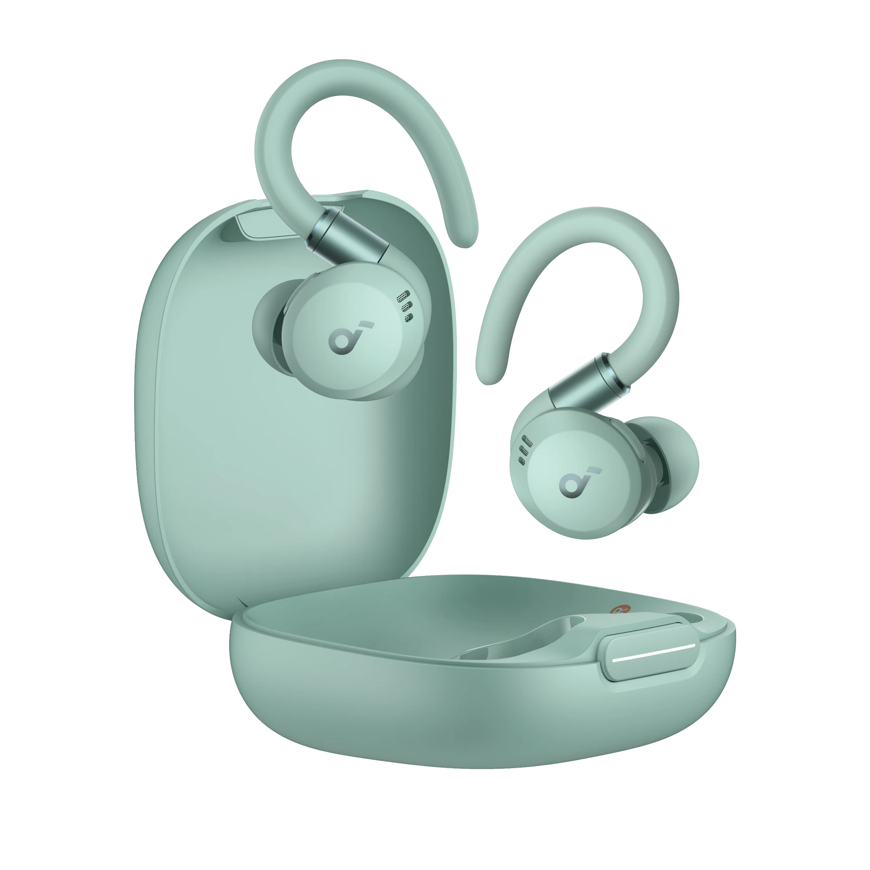 Para miętowych zielonych słuchawek z etui ładującym.