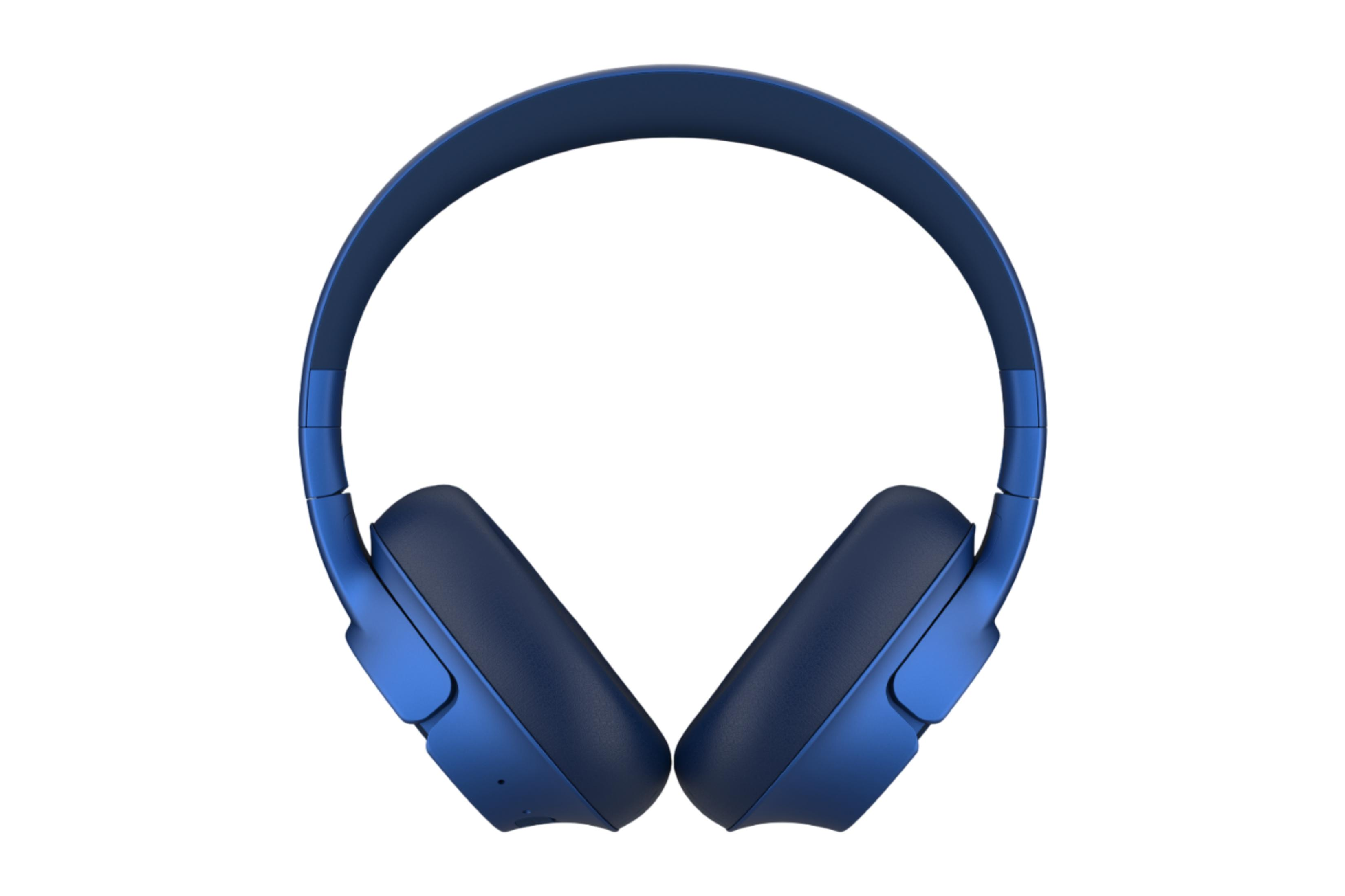 Ciemnoniebieskie słuchawki nauszne z wyściełanymi nausznikami na białym tle.