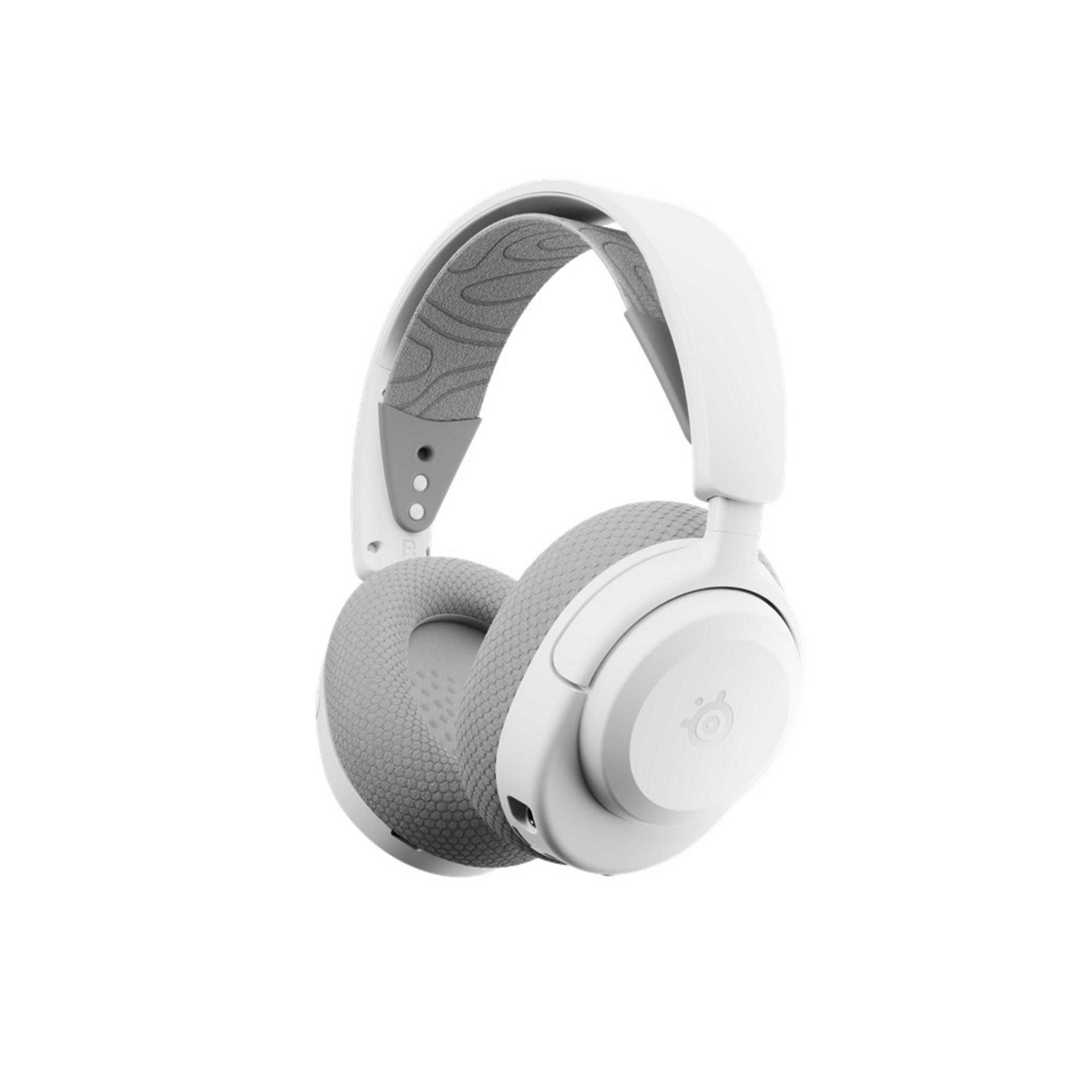 Weiße Over-Ear-Kopfhörer mit grauem Stoff und SteelSeries-Logo.