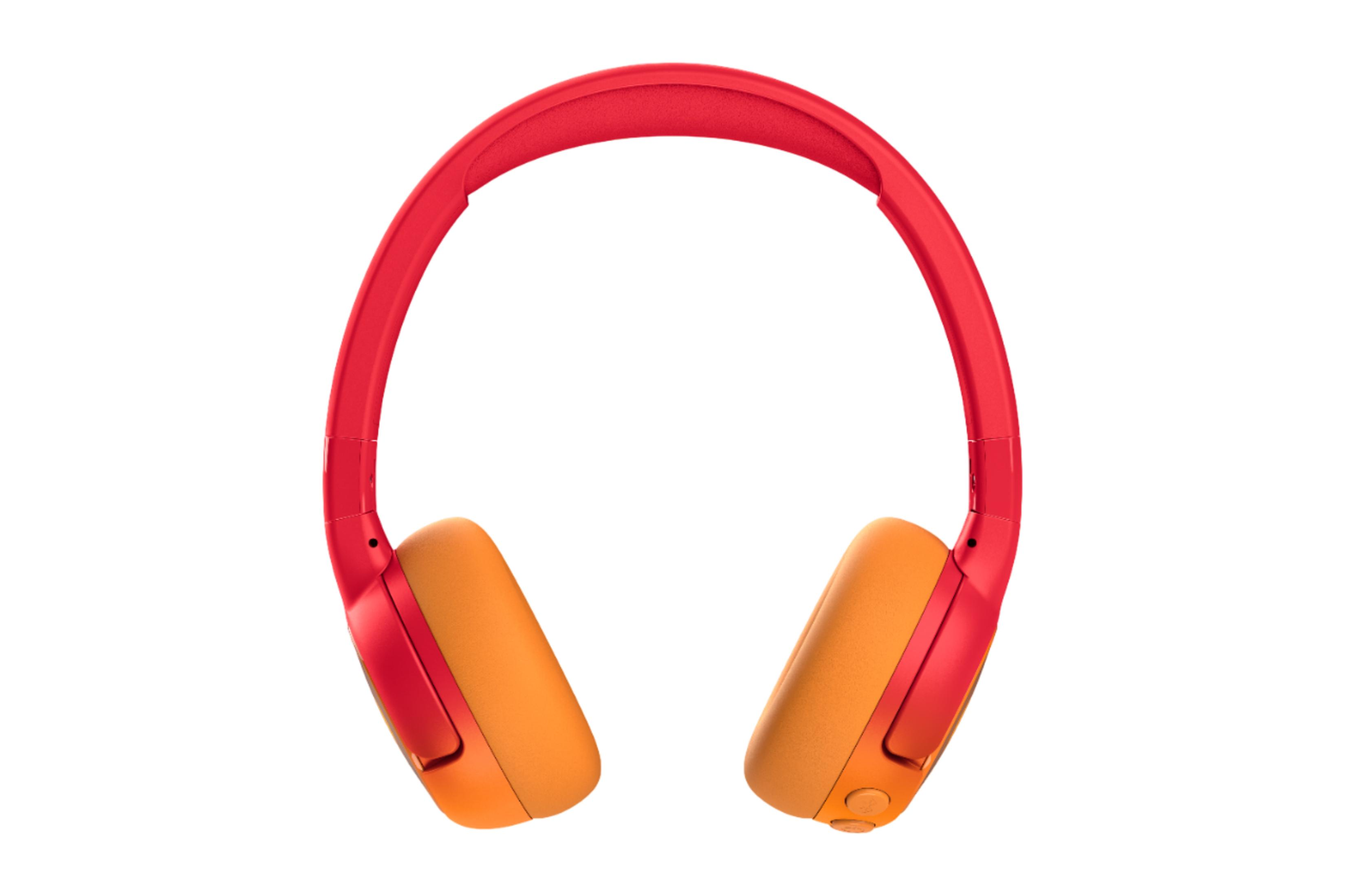 Czerwone słuchawki z pomarańczowymi nausznikami, na białym tle.