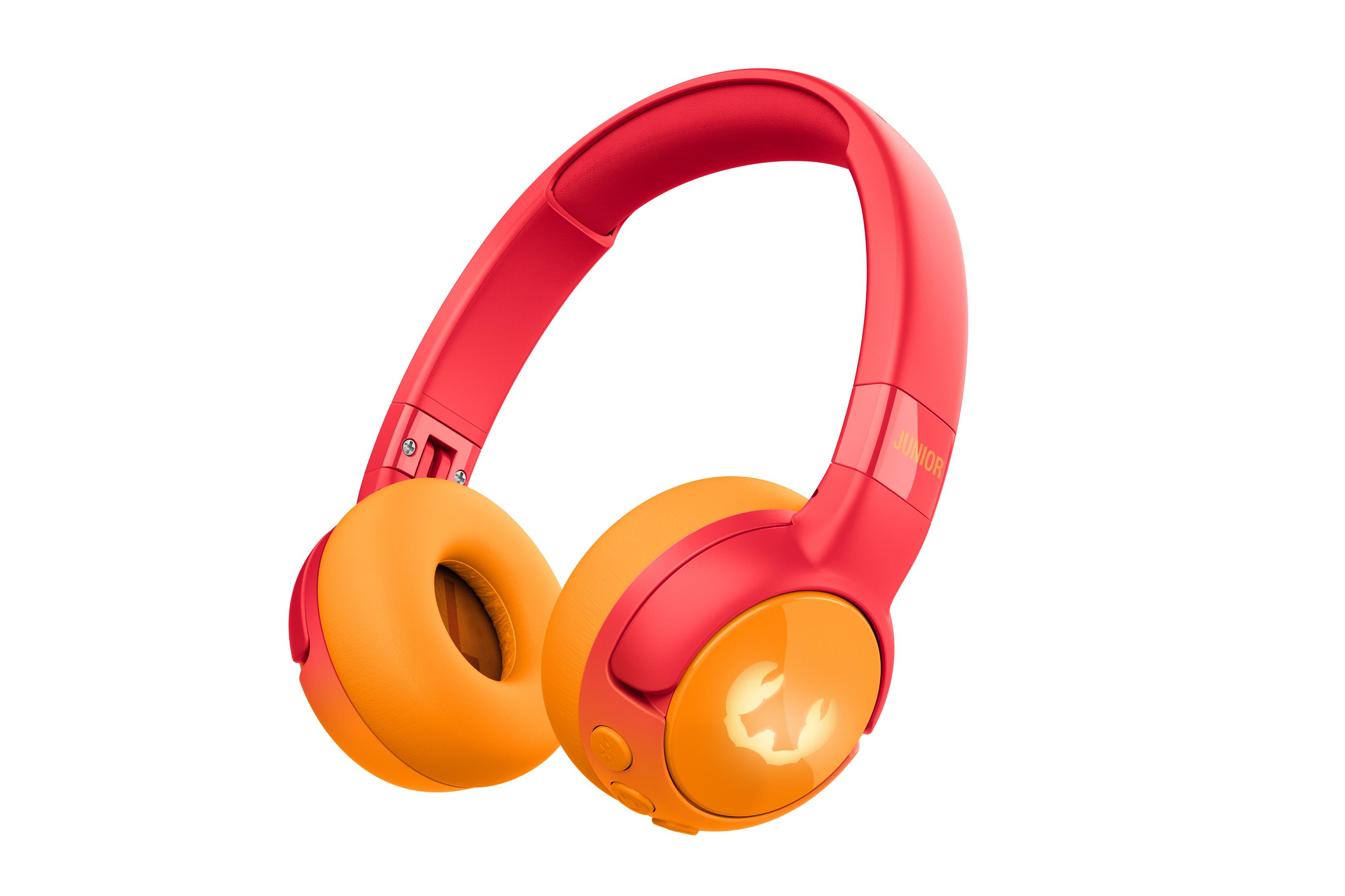 Czerwono-pomarańczowe słuchawki z logo kraba na nauszniku.