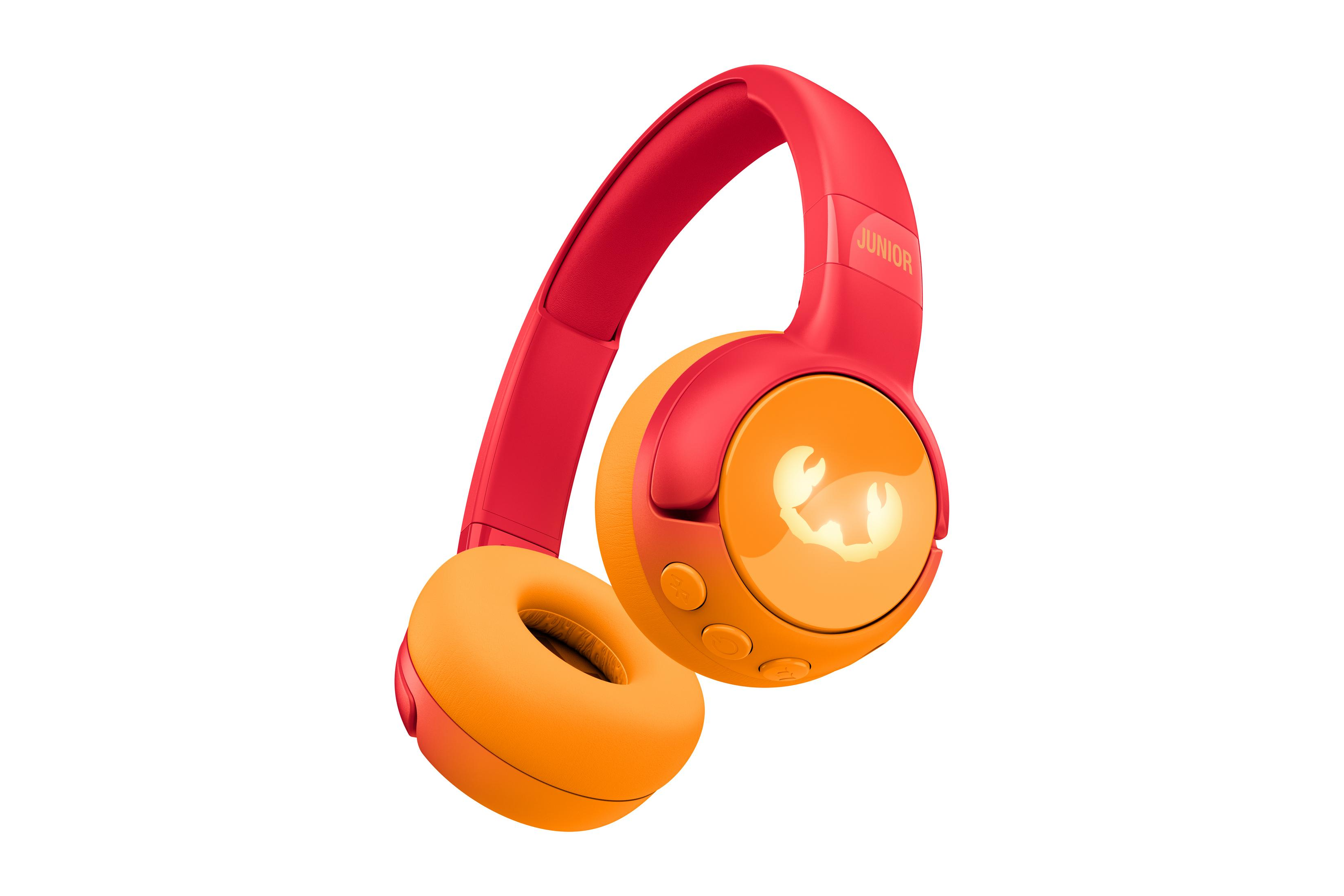 Czerwono-pomarańczowe słuchawki z motywem kraba, na białym tle.