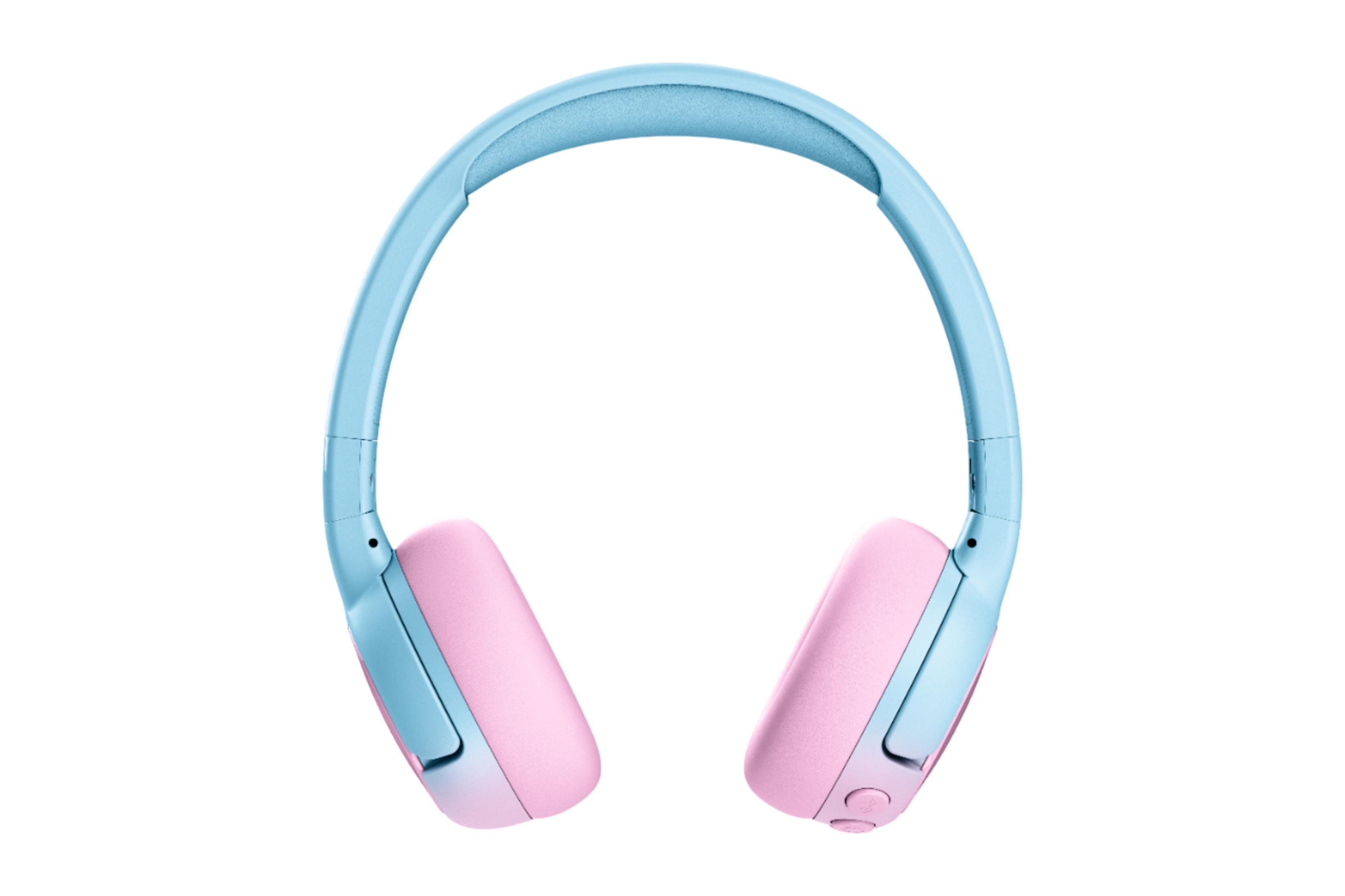 Niebiesko-różowe słuchawki z wyściełanym pałąkiem na białym tle.