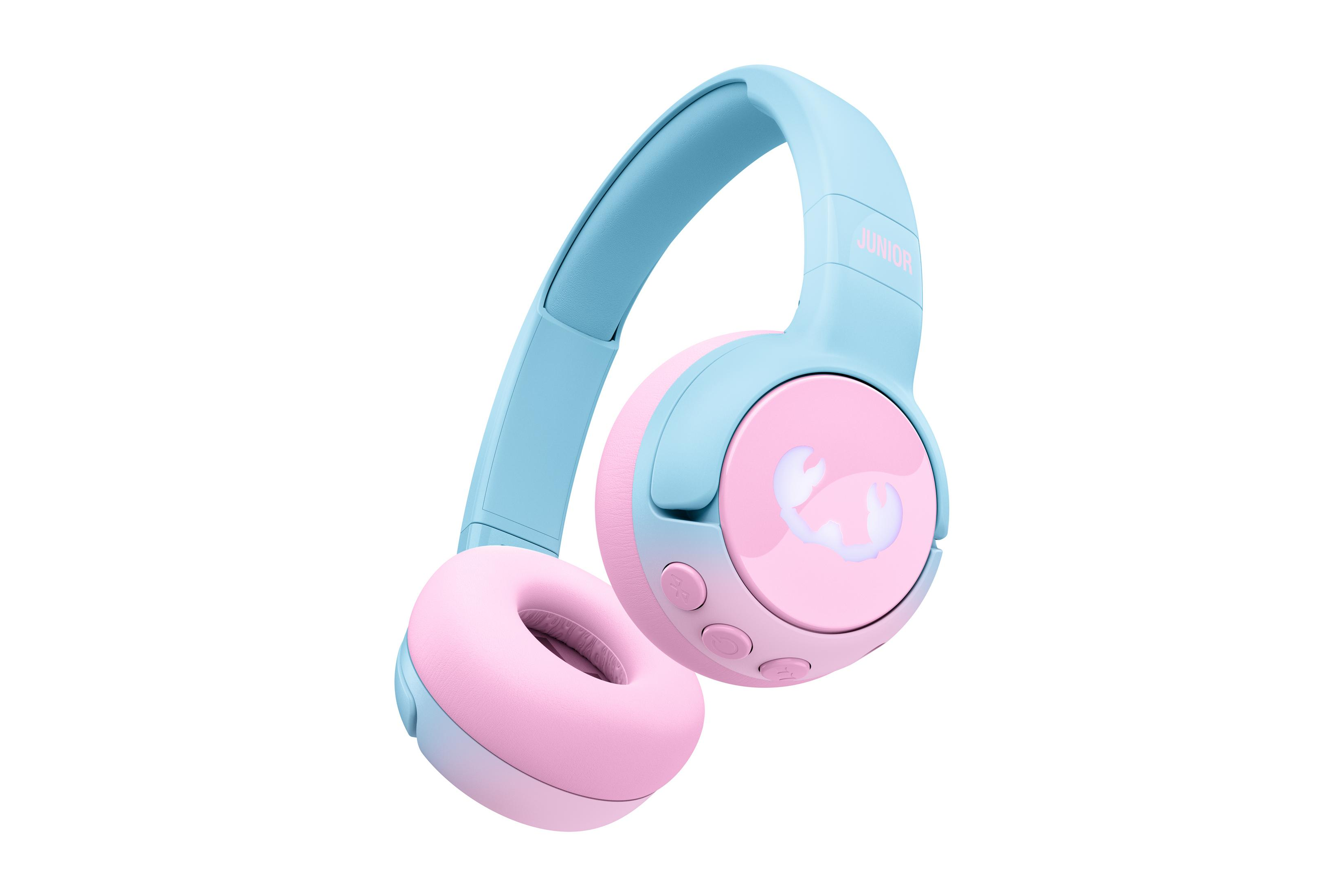Niebiesko-różowe słuchawki z logo kraba i napisem JUNIOR.