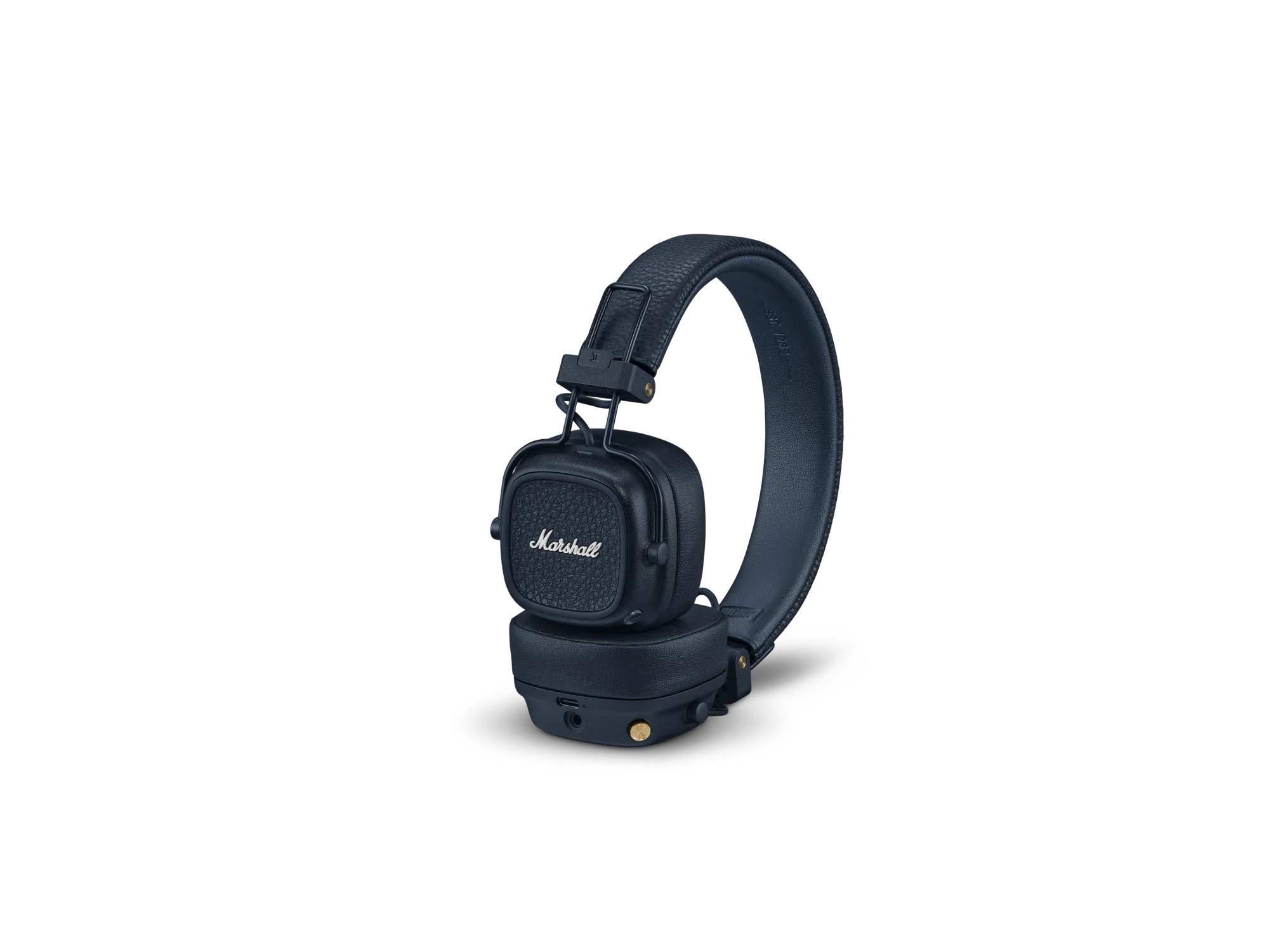 Cuffie Marshall blu scuro con texture in pelle e accenti dorati su sfondo nero.