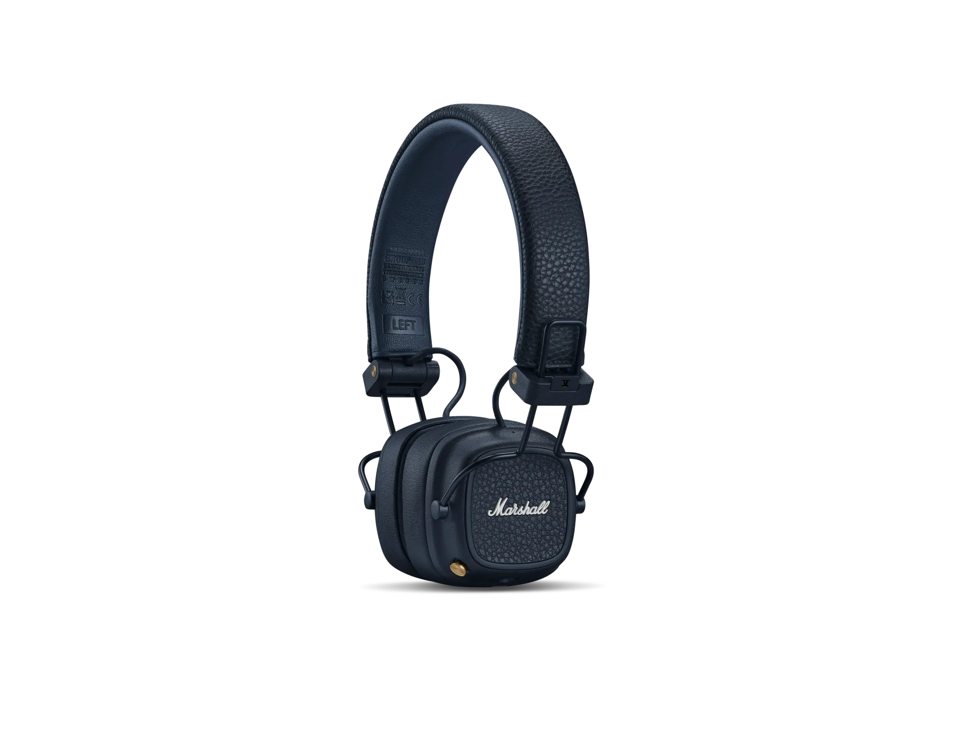 Cuffie Marshall blu scuro con texture in pelle e accenti dorati su sfondo nero.