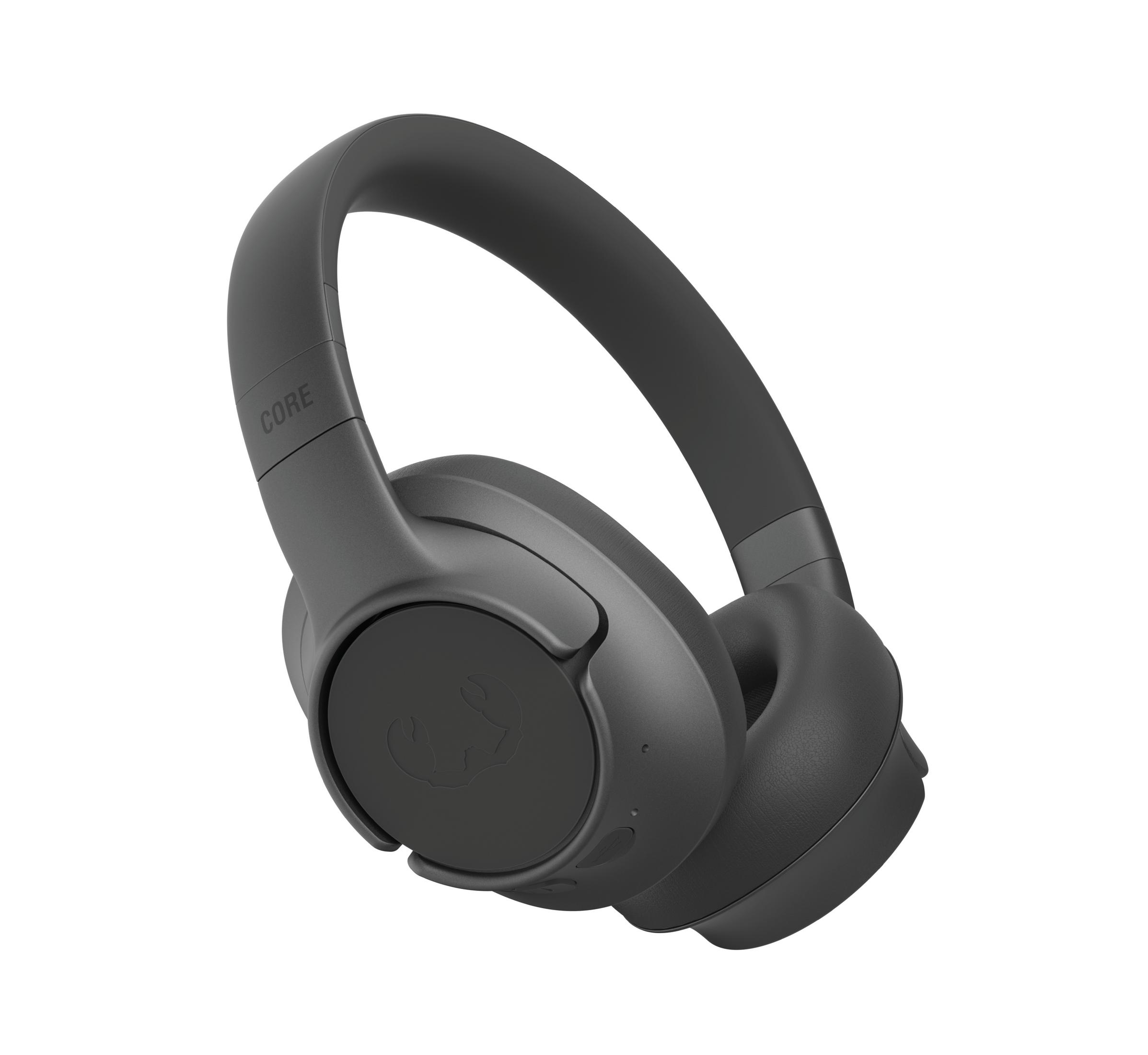 Schwarze Over-Ear-Kopfhörer mit einem Kopfbügel und einem Logo auf den Ohrmuscheln.