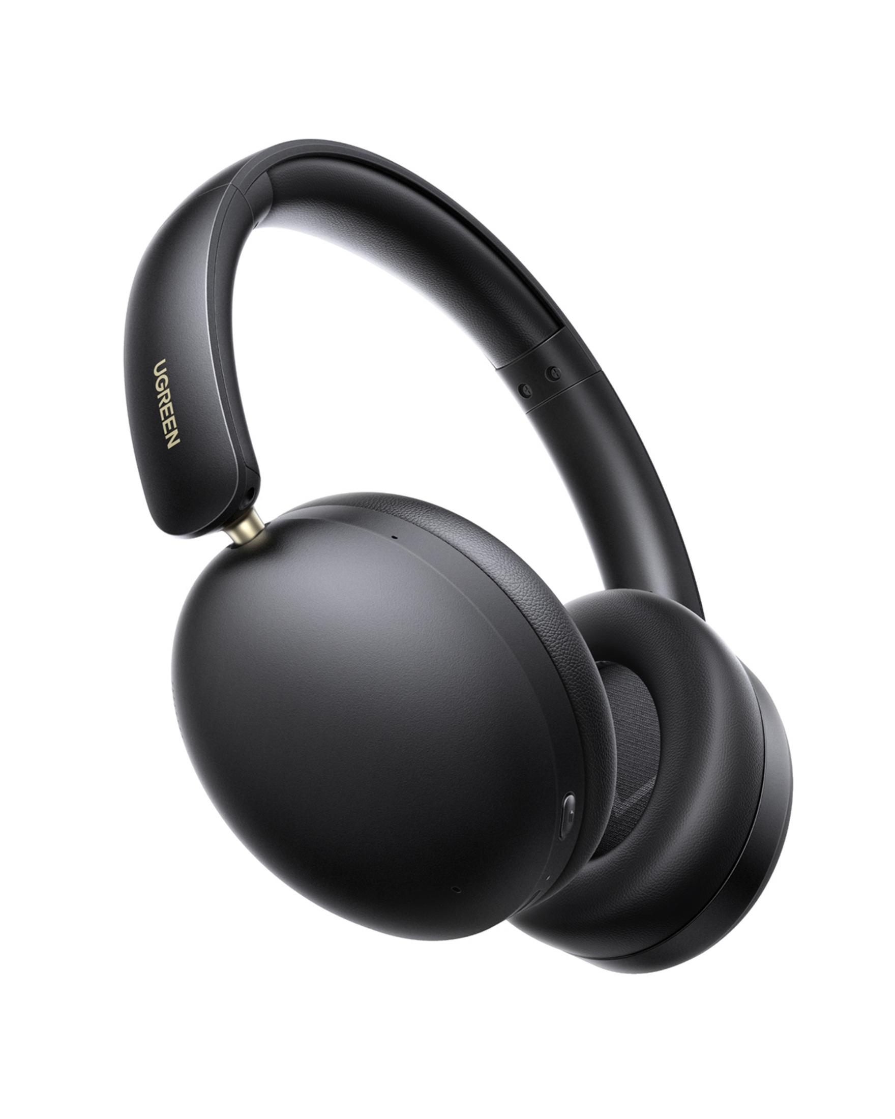 Czarne słuchawki nauszne ze złotym akcentem i logo marki.