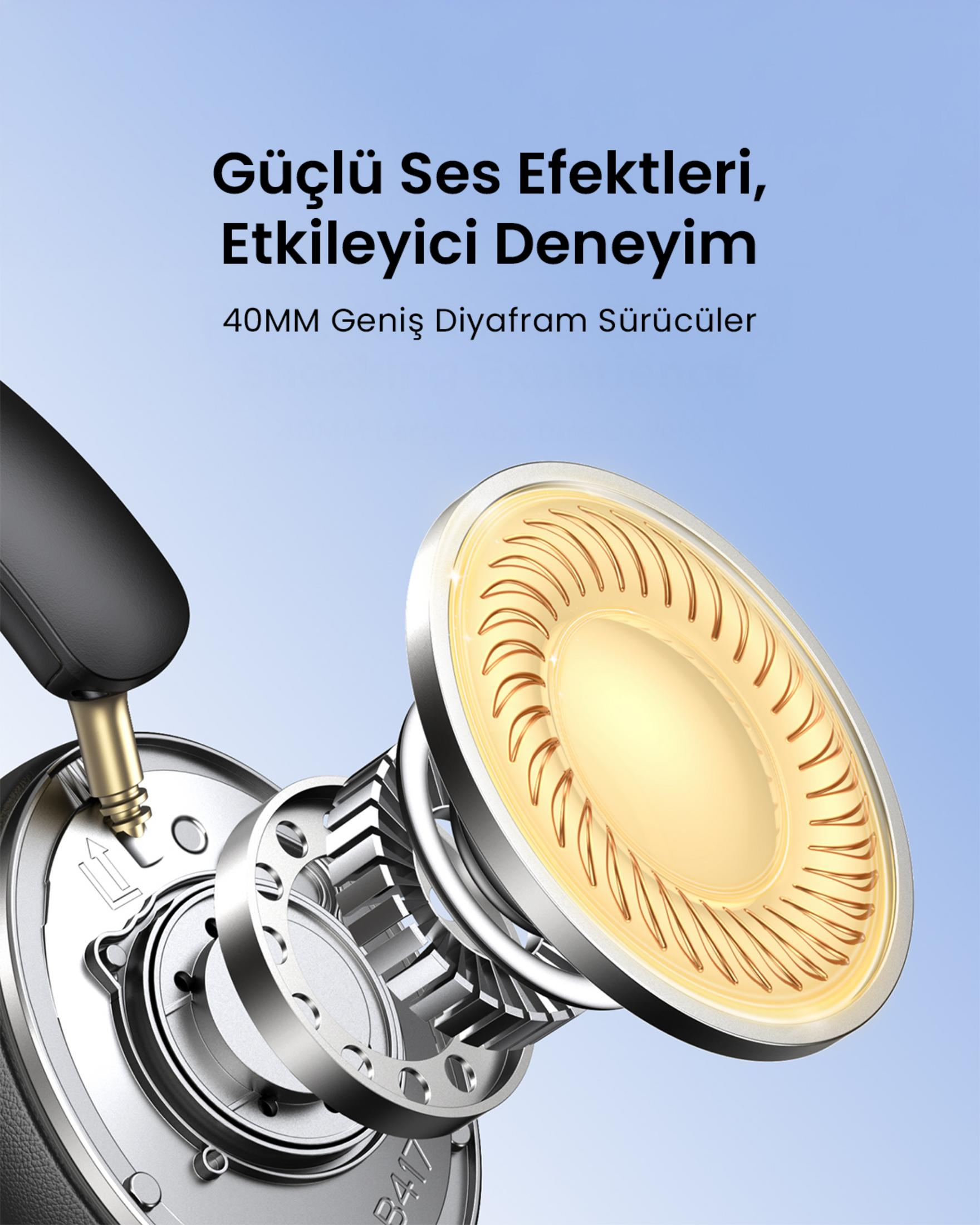 Zbliżenie przetwornika słuchawek z detalami w kolorze srebrnym i złotym na niebieskim tle.