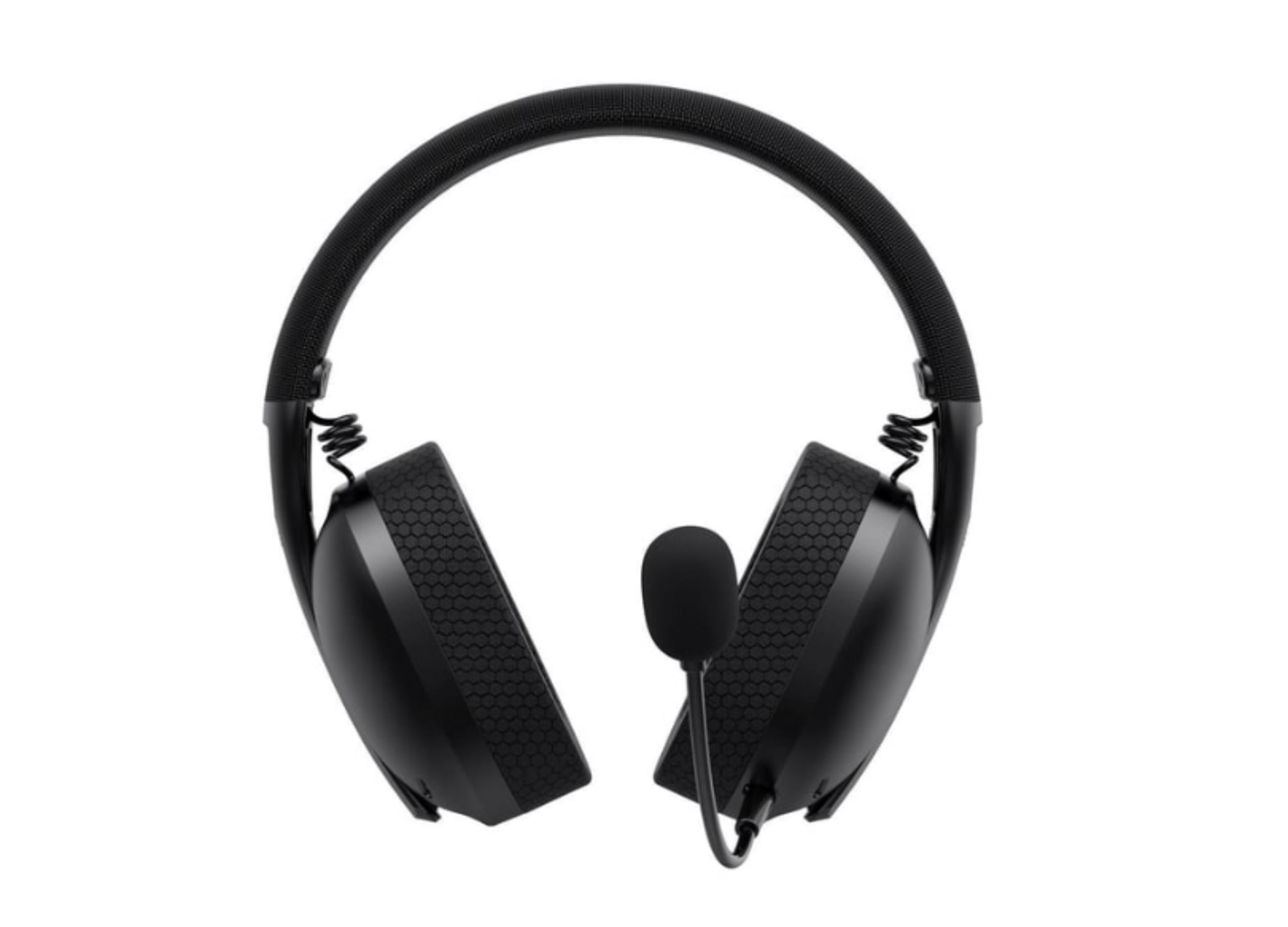Czarne słuchawki z mikrofonem na białym tle.