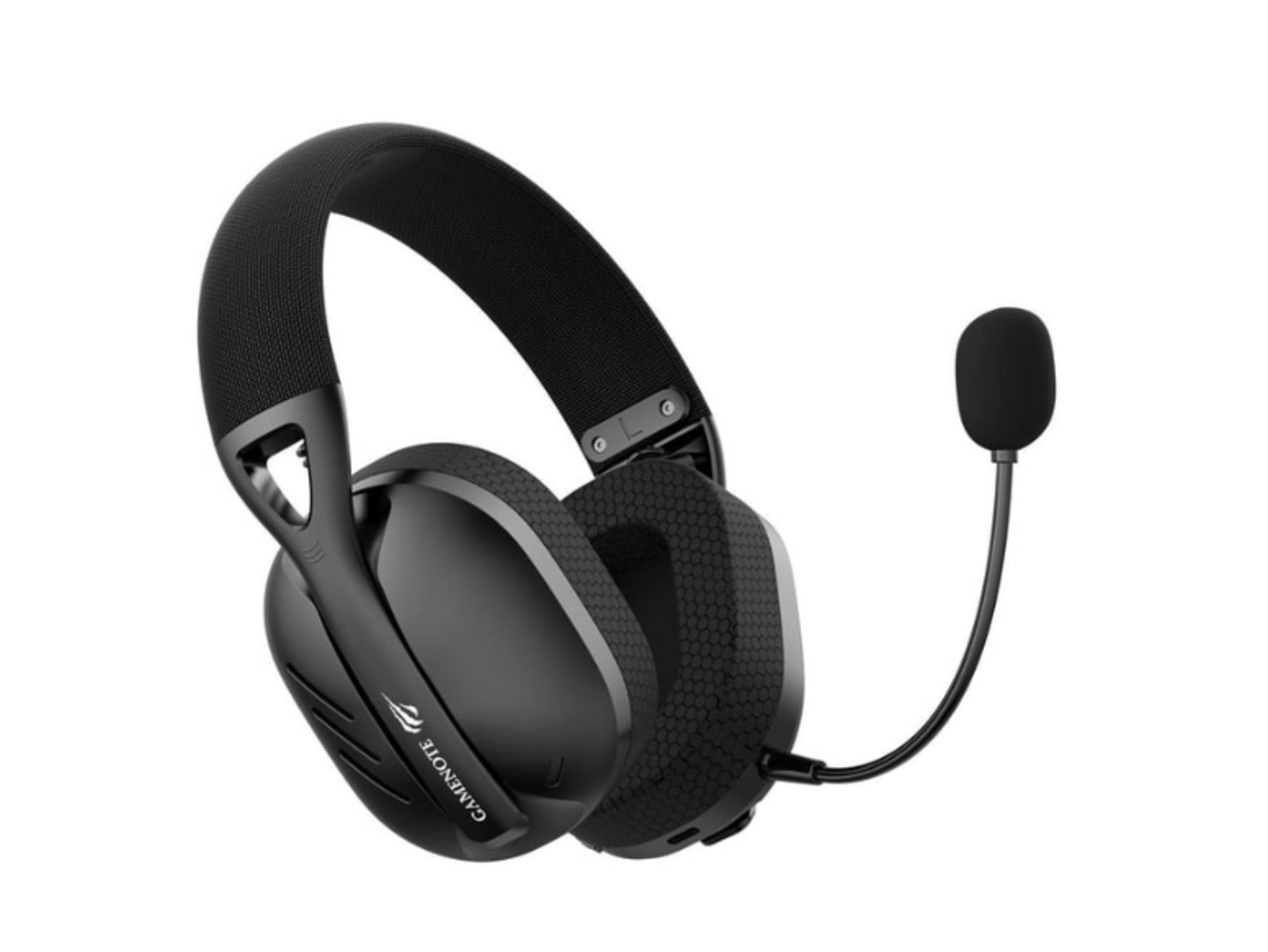 Czarny zestaw słuchawkowy do gier z mikrofonem, na białym tle.