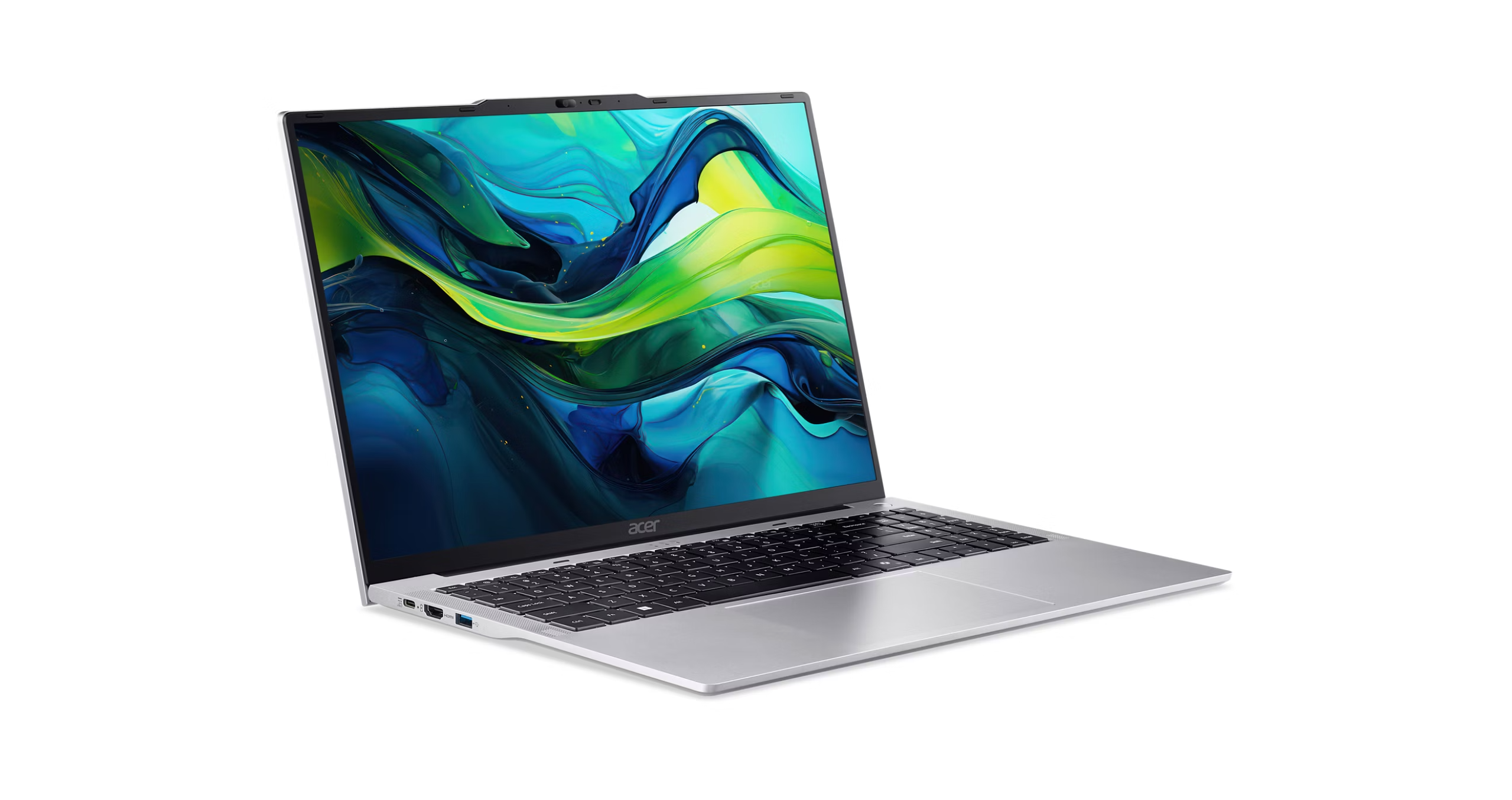 Ekranında renkli duvar kağıdı olan gümüş renkli Acer dizüstü bilgisayar.